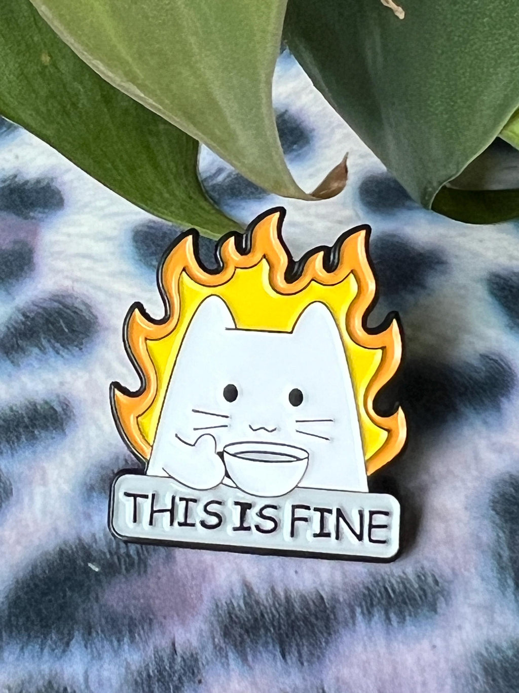 funny enamel pins and badges sarcastic pins THIS IS FINE cats and coffee pins dark humor cat accessories dumpster fire pin