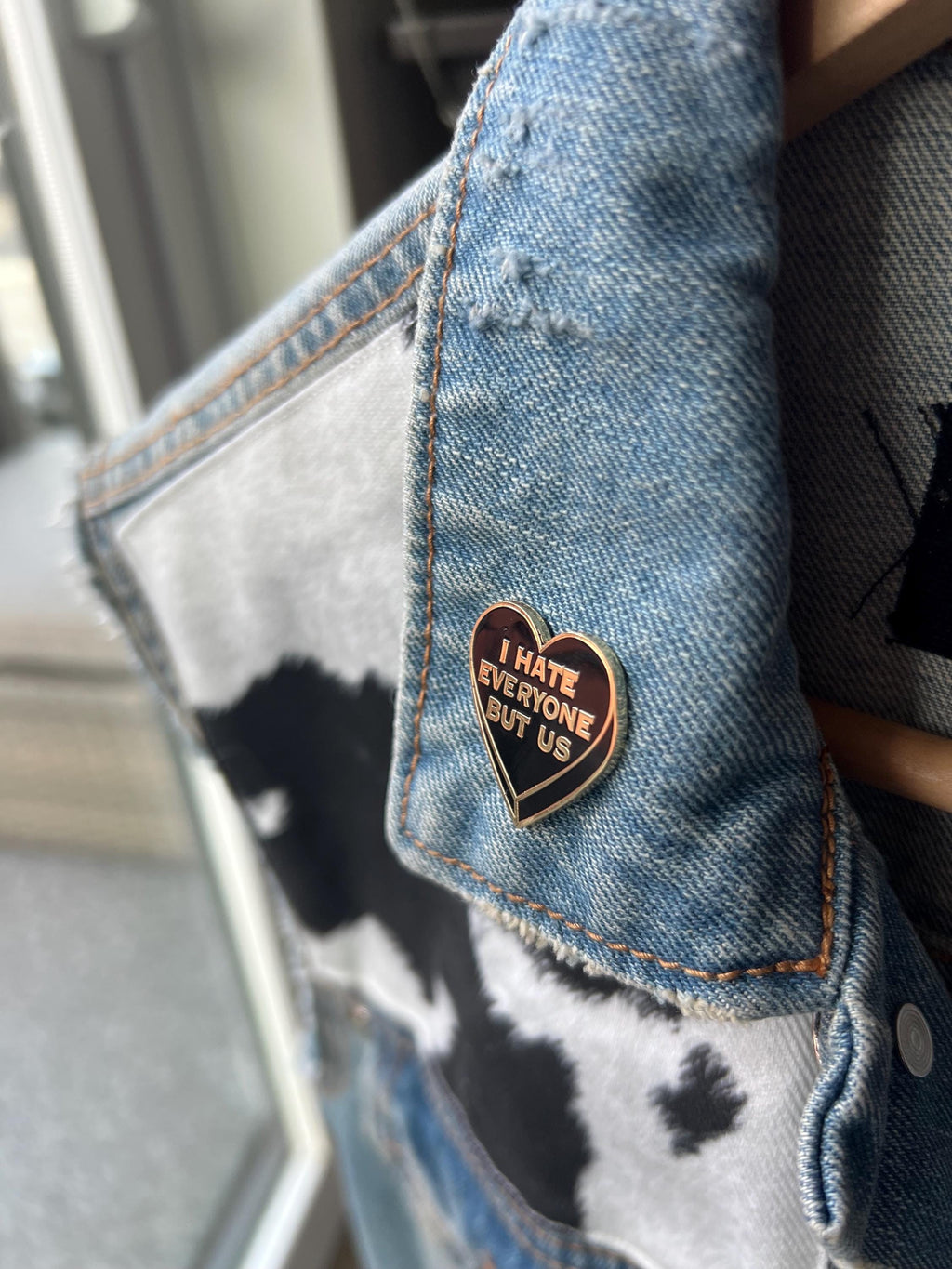 "I hate everyone but us" black heart enamel pin