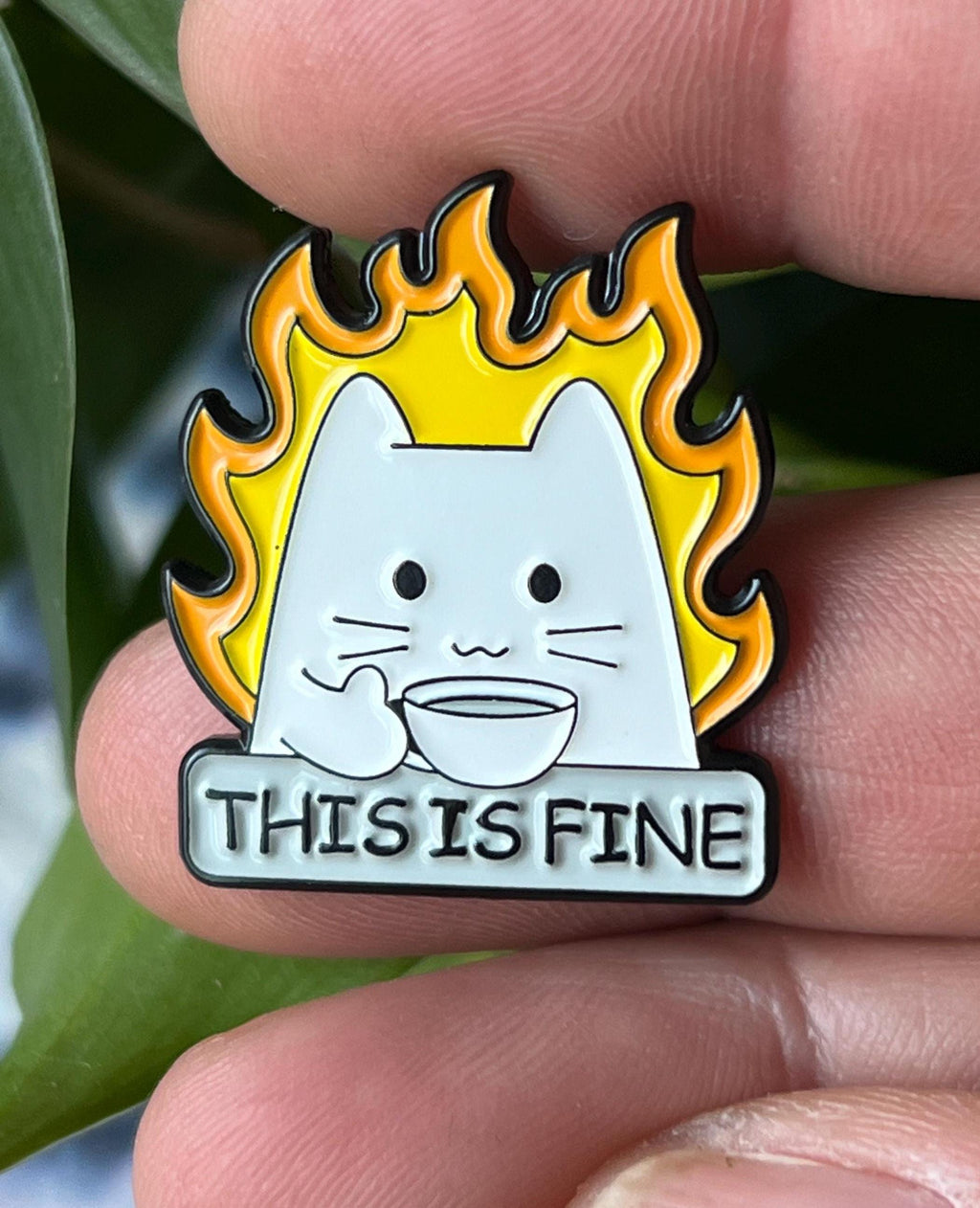funny enamel pins and badges sarcastic pins THIS IS FINE cats and coffee pins dark humor cat accessories dumpster fire pin