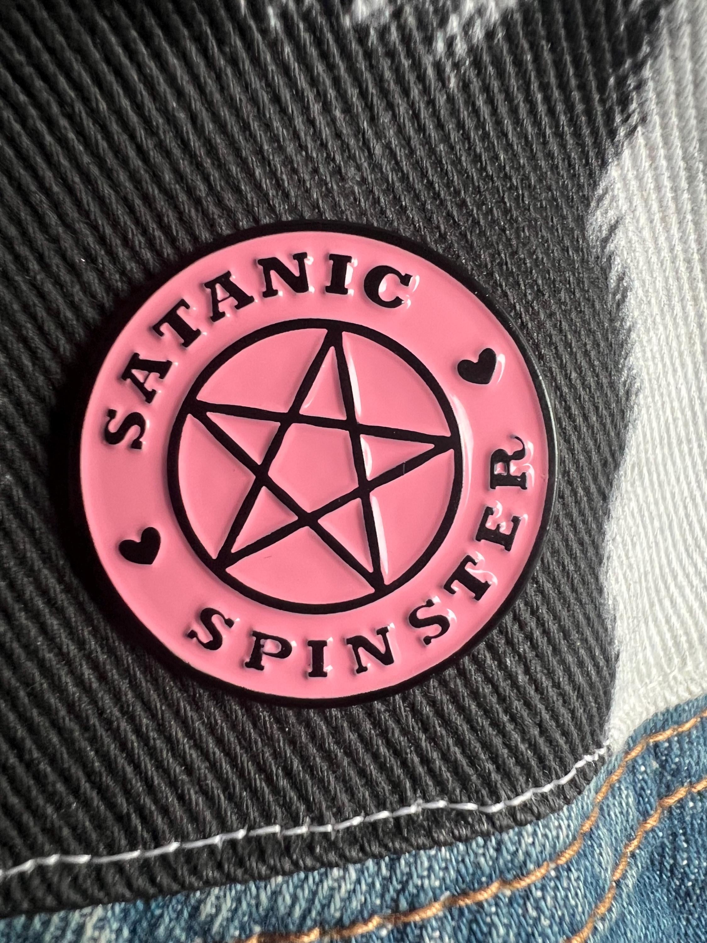 Satanic Spinster round pink pentagram enamel pin