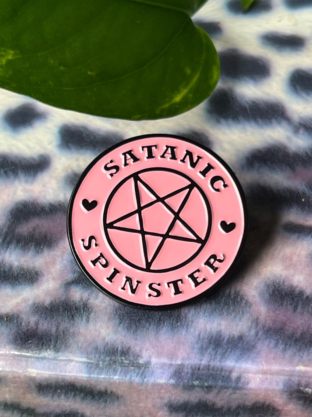 Satanic Spinster round pink pentagram enamel pin