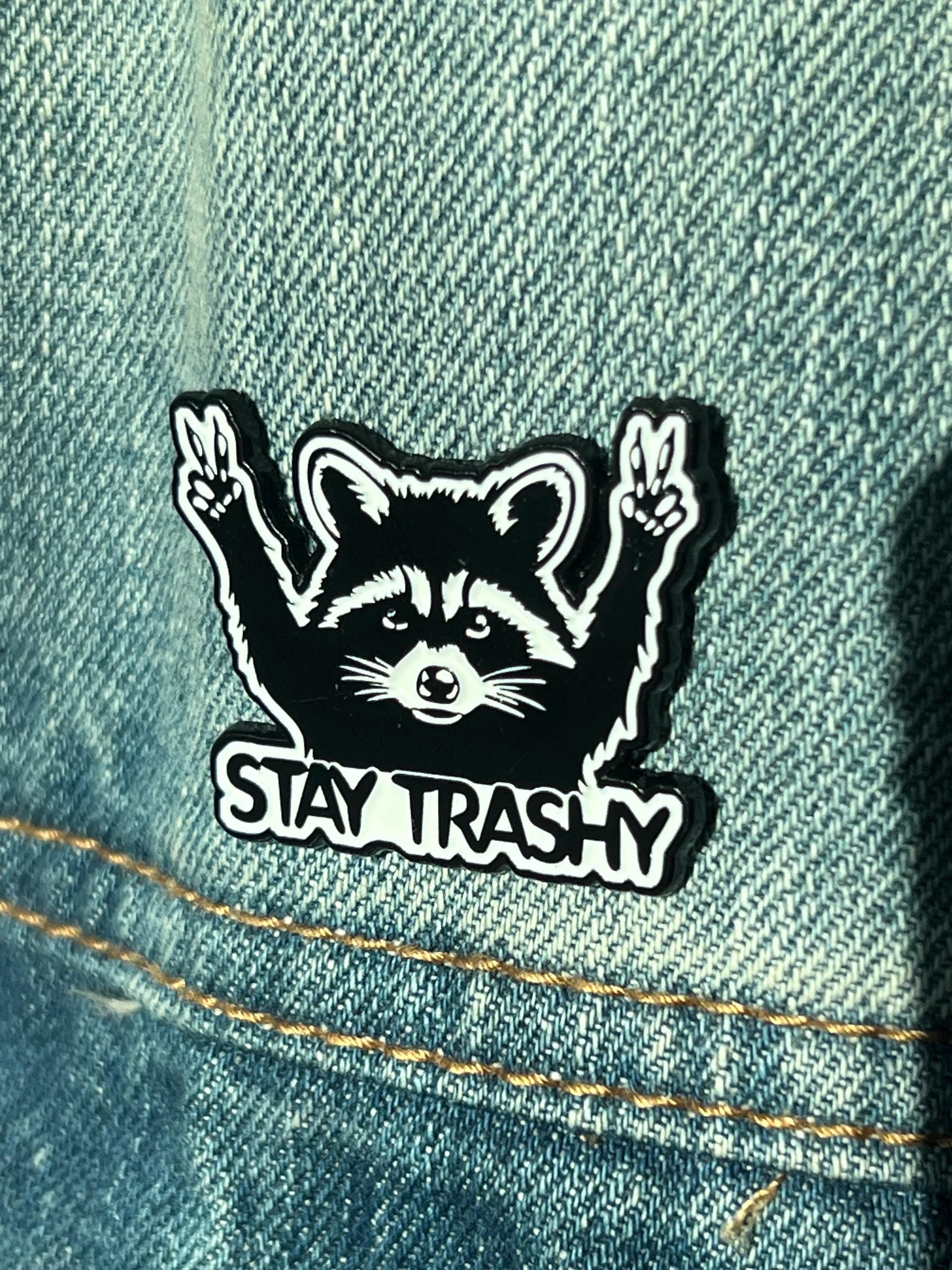 punk pins and badges goth pinback buttons raccoon pins stay trashy black and white lapel pin