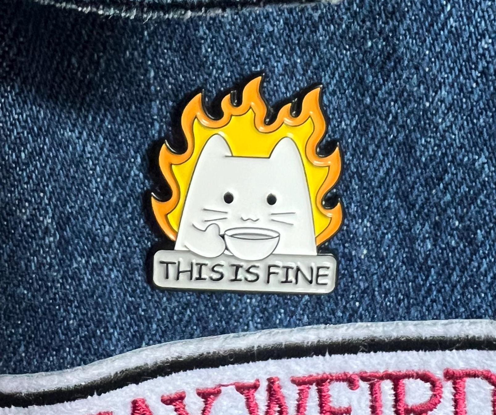 funny enamel pins and badges sarcastic pins THIS IS FINE cats and coffee pins dark humor cat accessories dumpster fire pin