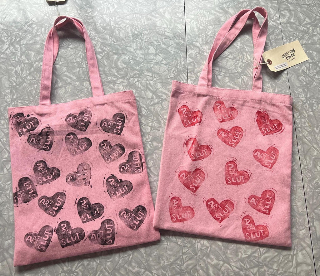 feminist art pink canvas tote bag statement totebag art slut red heart linoprint tote bag handmade gifts for her queer tote bags pride purse