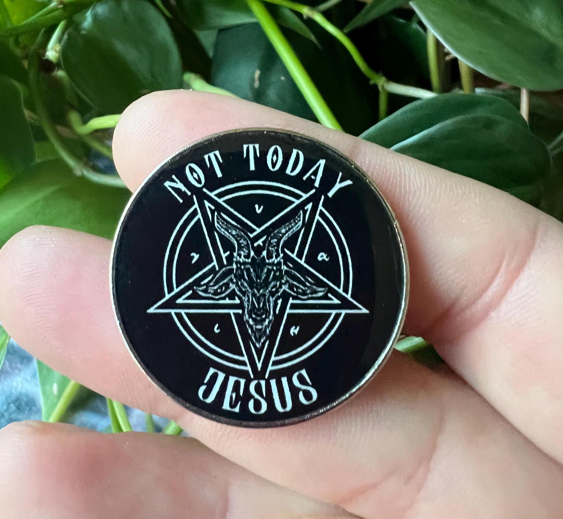 punk pins goth enamel pins and badges gothic accessories “not today Jesus” satanic pins pentagram Baphomet badges and buttons