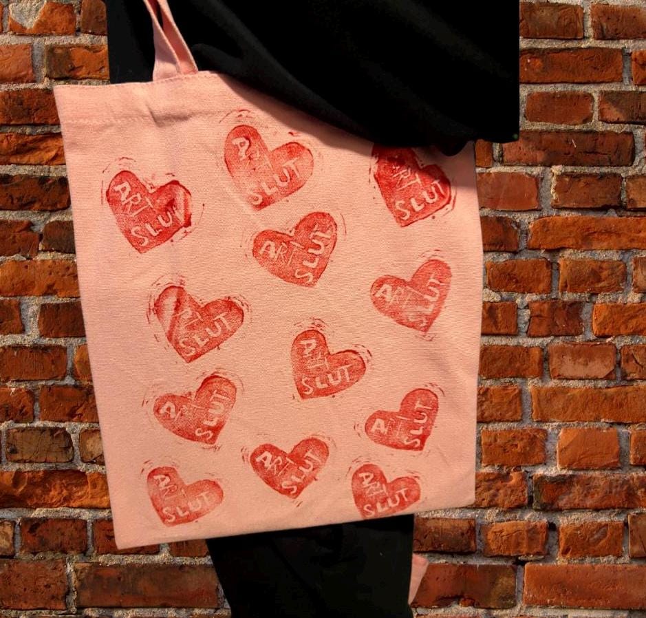 feminist art pink canvas tote bag statement totebag art slut red heart linoprint tote bag handmade gifts for her queer tote bags pride purse