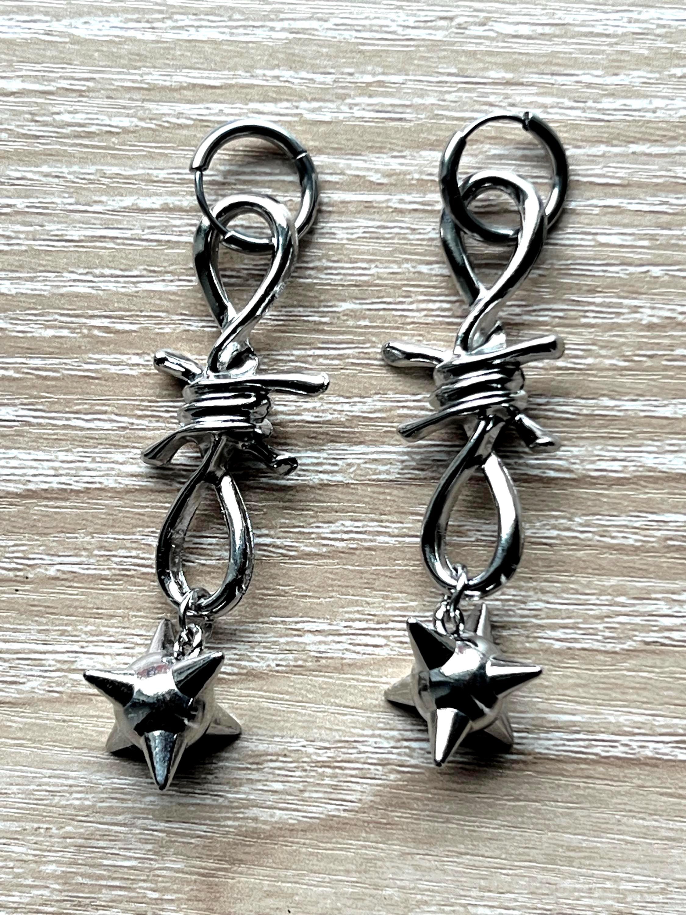spiked barbed wire huggie earrings gothic morning star earrings punk jewelry goth accessories stainless steel hypoallergenic silver hoops