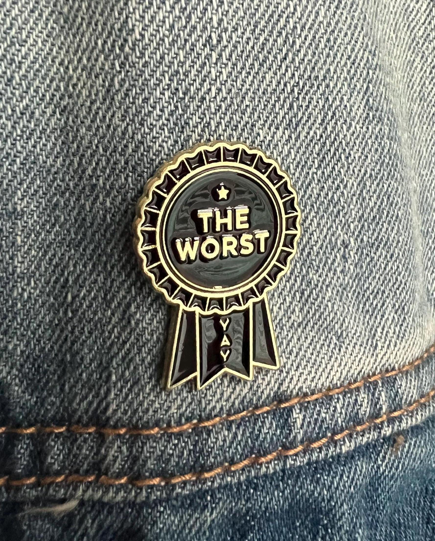 goth pins punk pins gothic enamel pins | dark humor award ribbon the worst goth lapel pin queer black and gold pin dark accessory funny pins