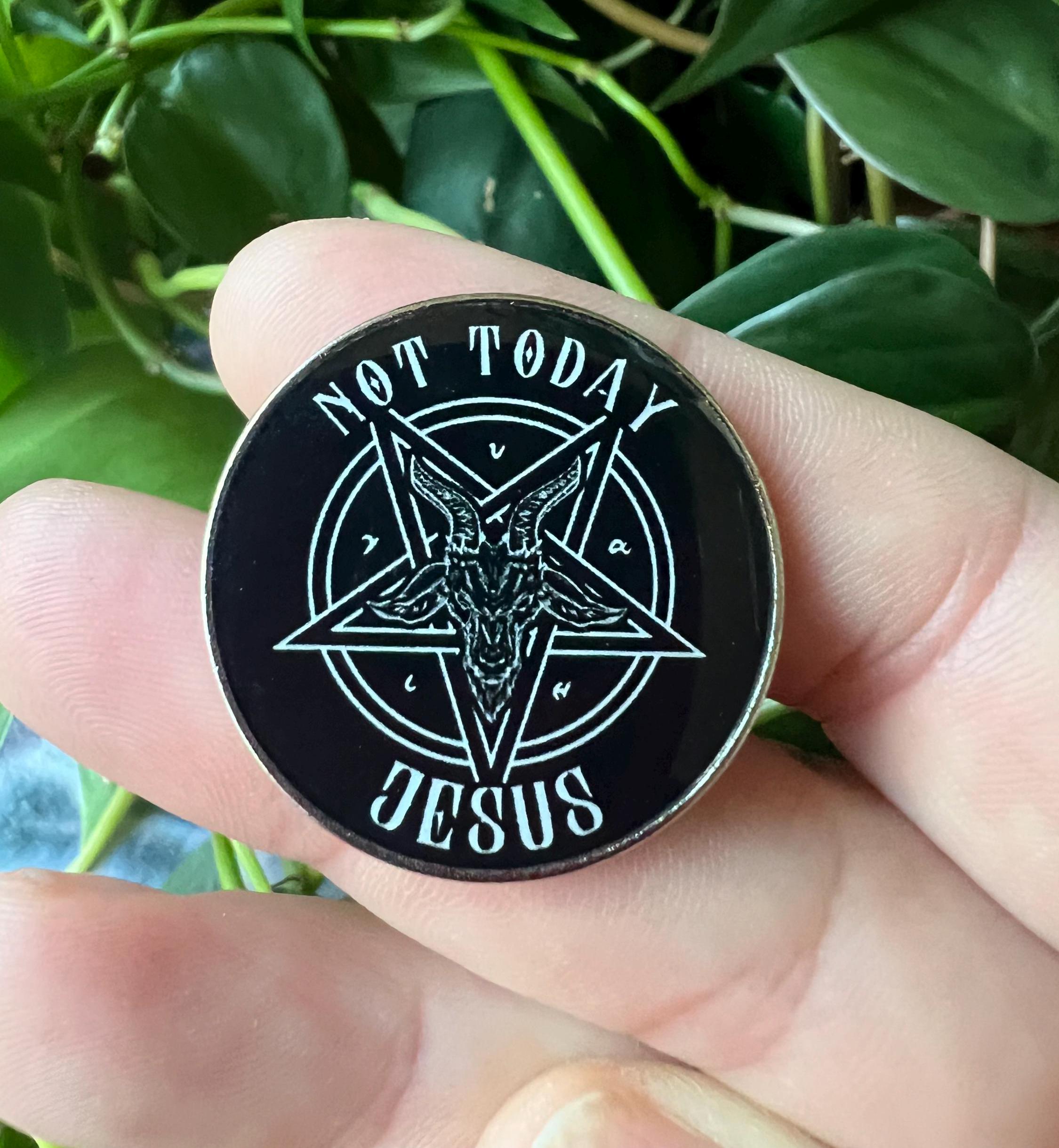 punk pins goth enamel pins and badges gothic accessories “not today Jesus” satanic pins pentagram Baphomet badges and buttons