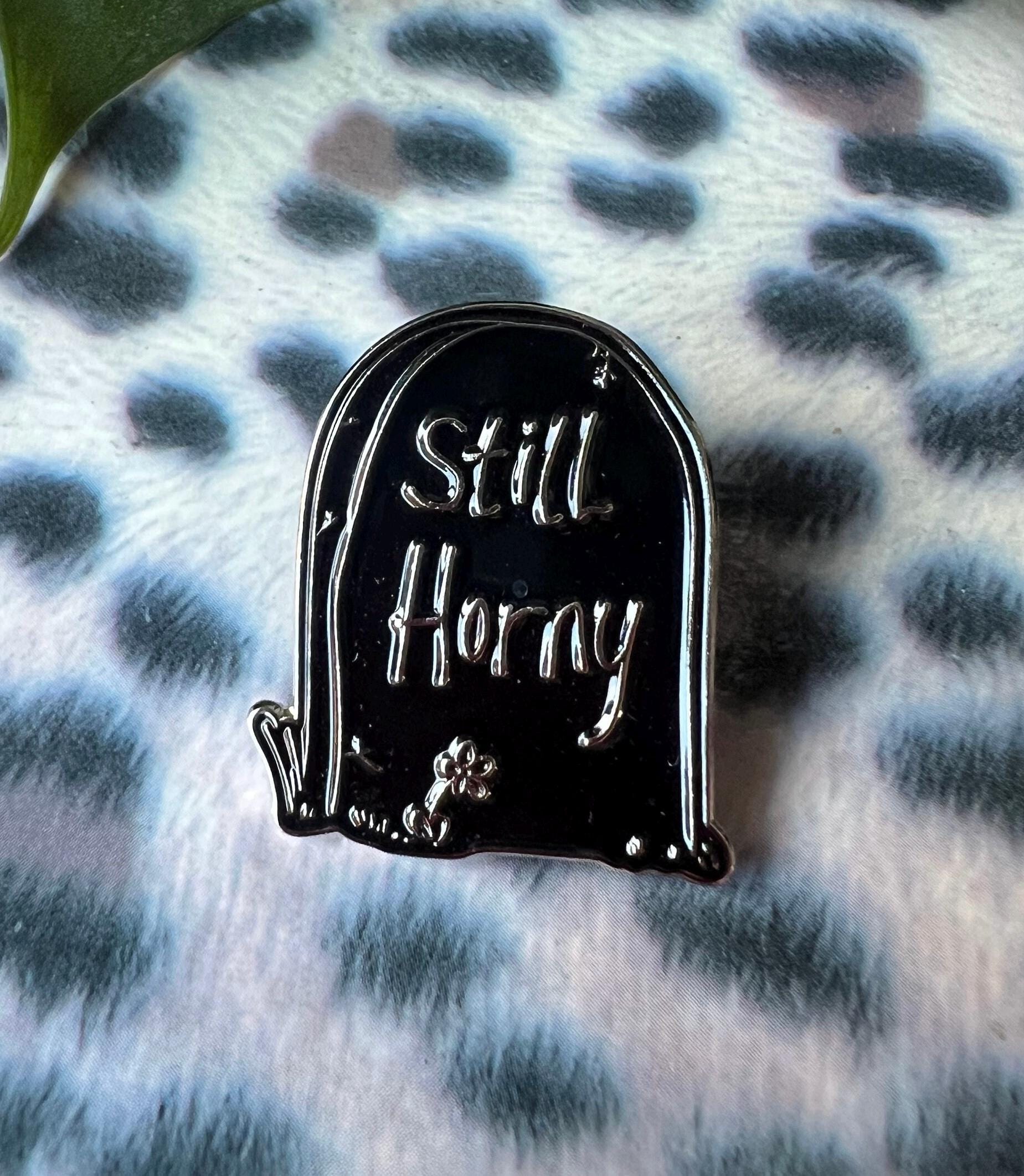 funny goth gravestone pin "Still Horny" edgy headstone enamel pins and badges black pins punk accessories