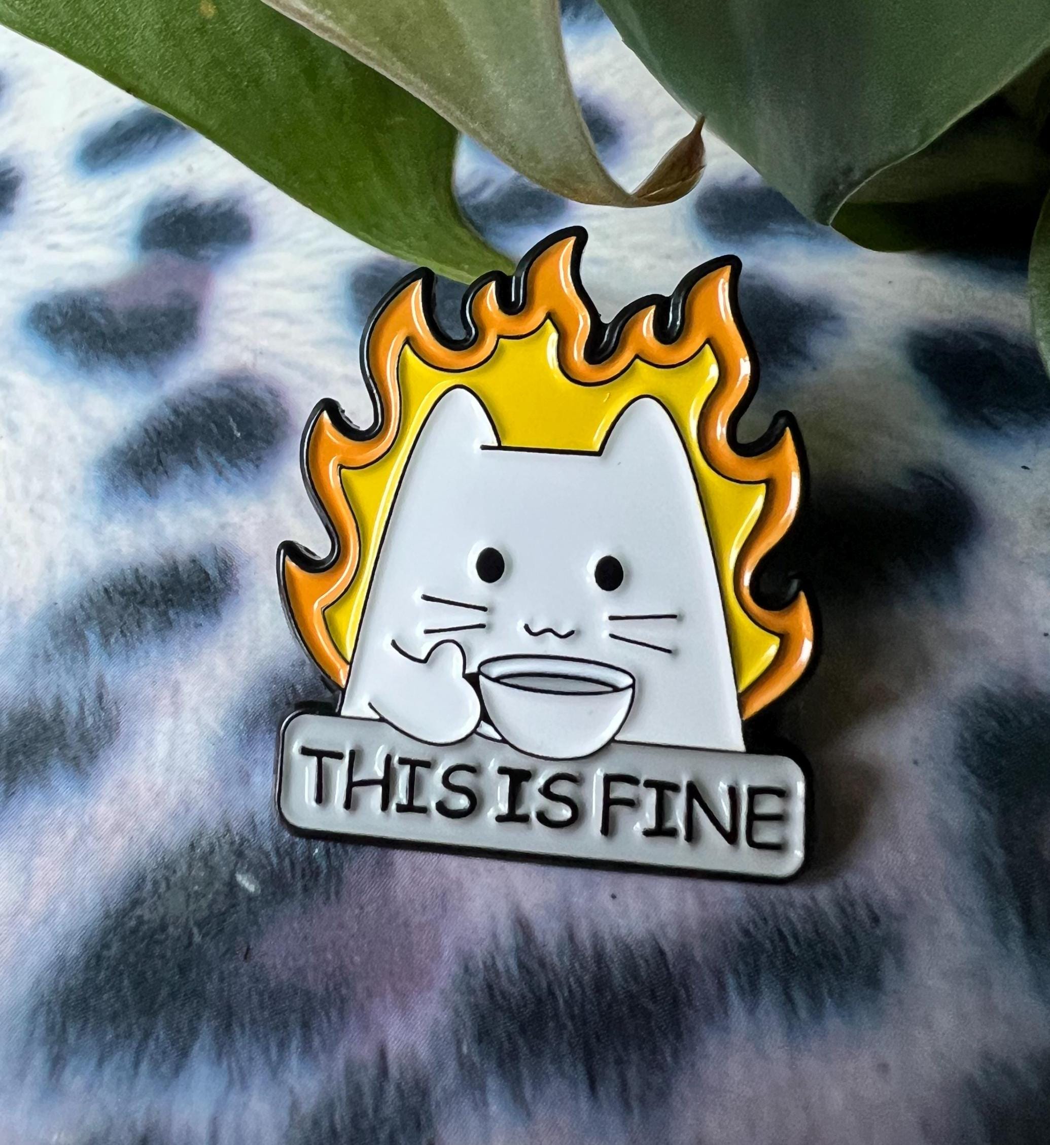funny enamel pins and badges sarcastic pins THIS IS FINE cats and coffee pins dark humor cat accessories dumpster fire pin