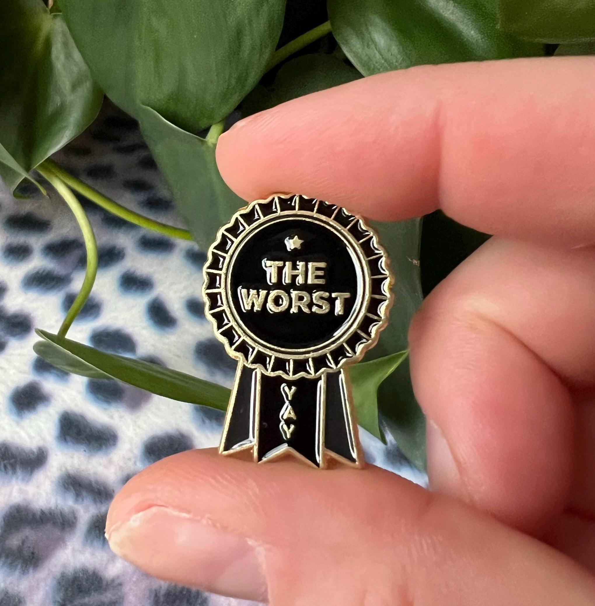 goth pins punk pins gothic enamel pins | dark humor award ribbon the worst goth lapel pin queer black and gold pin dark accessory funny pins