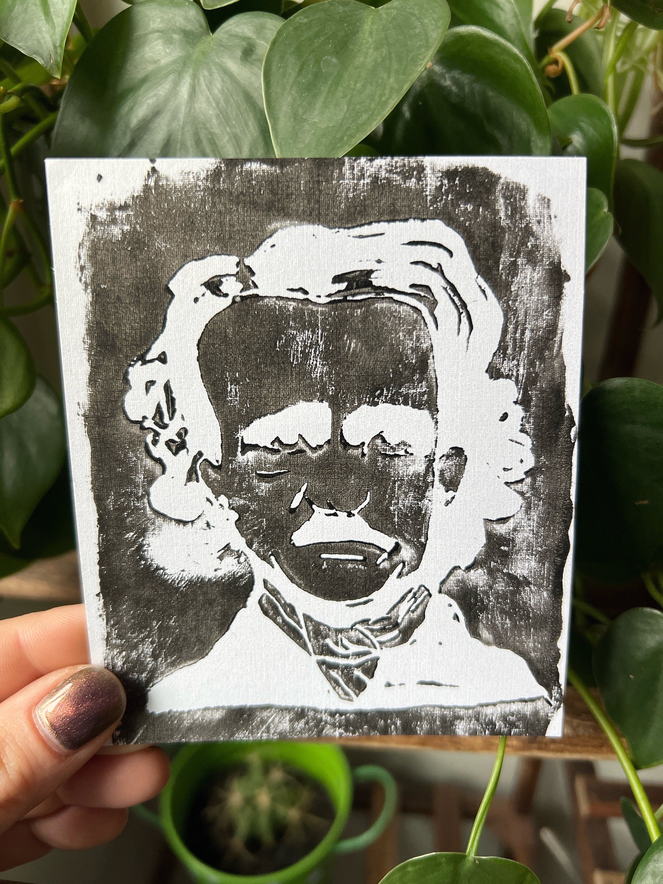 edgar allan poe lino print black and white handmade art print gothic home decor