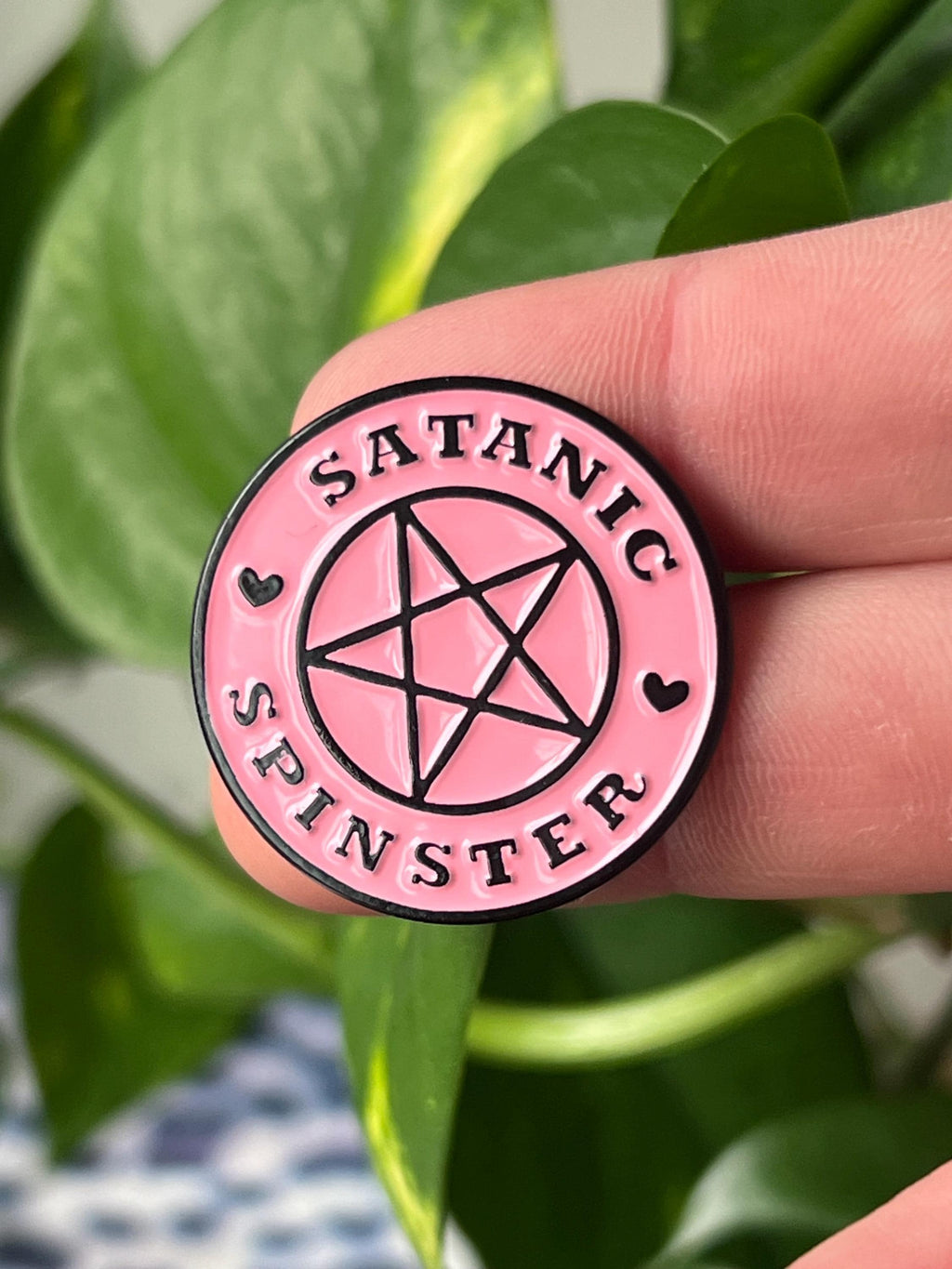 Satanic Spinster round pink pentagram enamel pin
