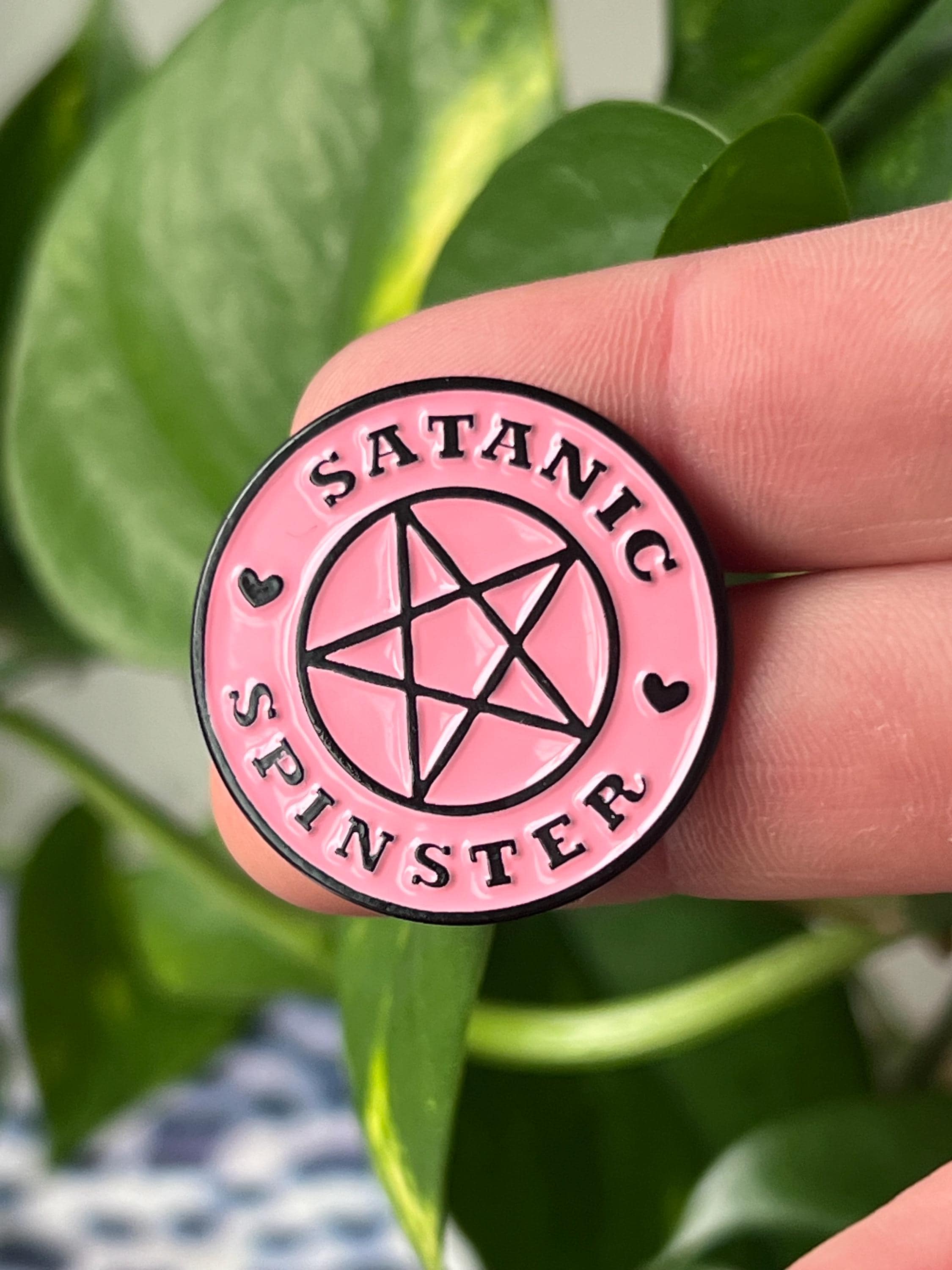 Satanic Spinster round pink pentagram enamel pin