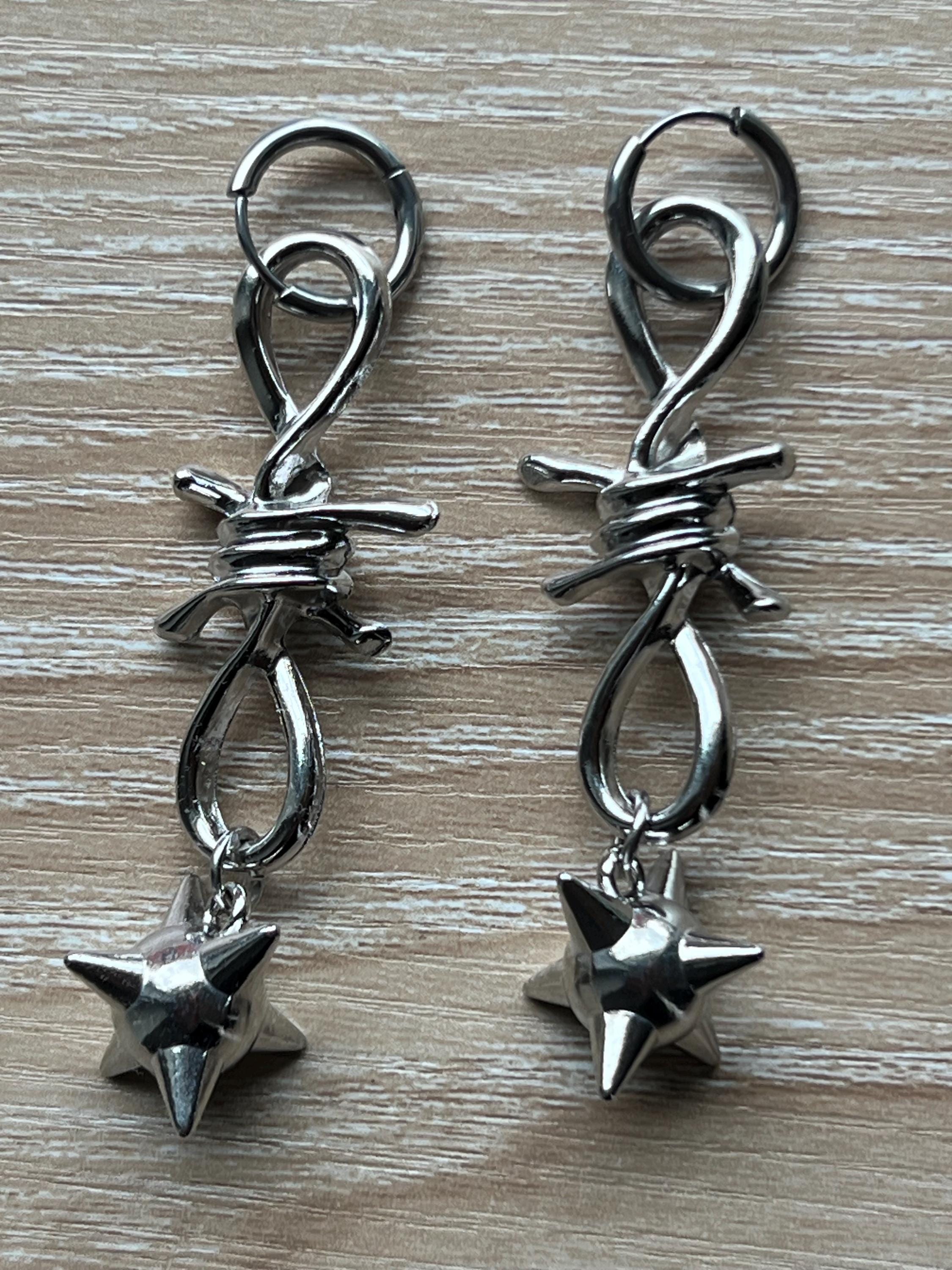 spiked barbed wire huggie earrings gothic morning star earrings punk jewelry goth accessories stainless steel hypoallergenic silver hoops