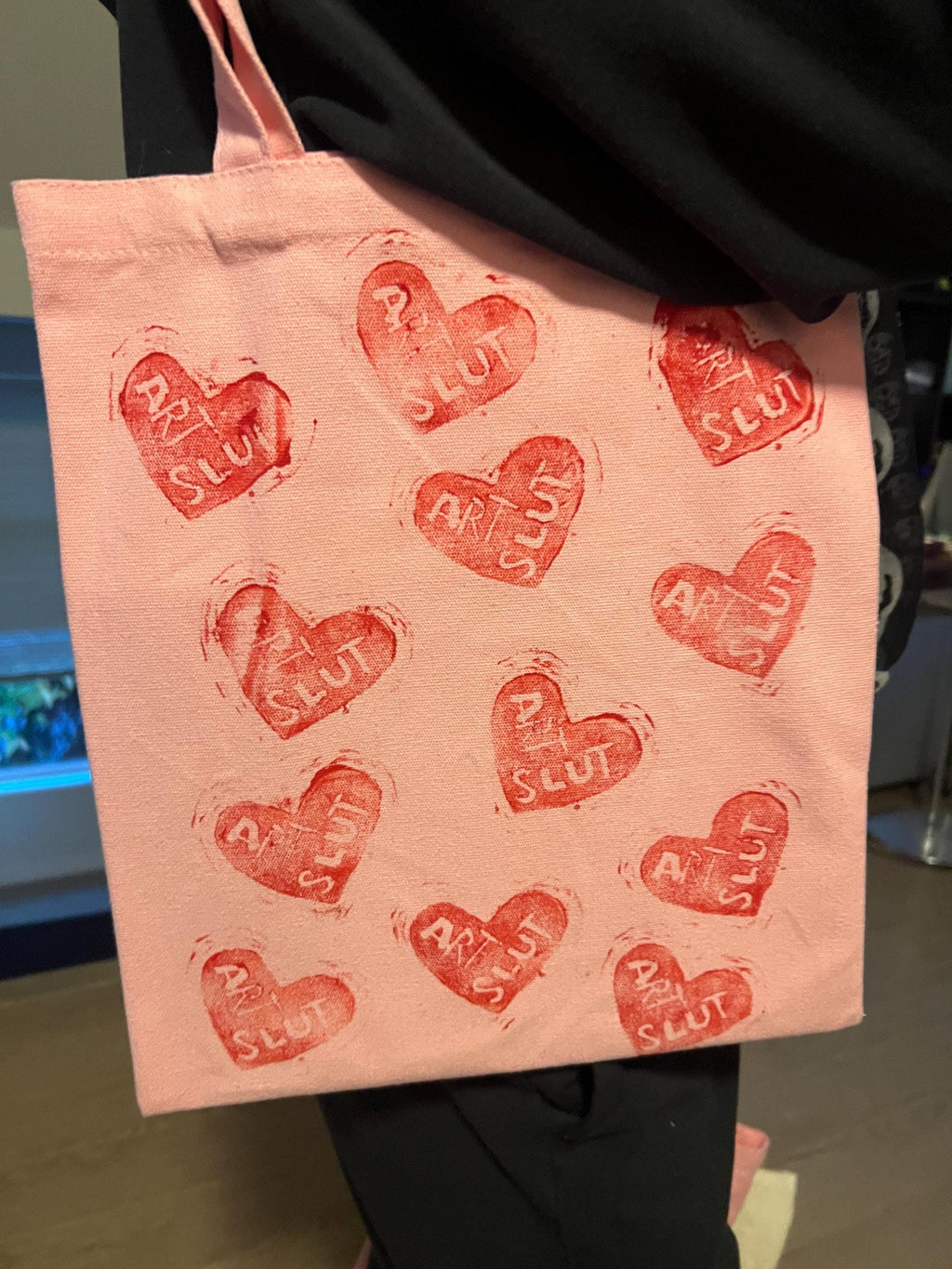 feminist art pink canvas tote bag statement totebag art slut red heart linoprint tote bag handmade gifts for her queer tote bags pride purse