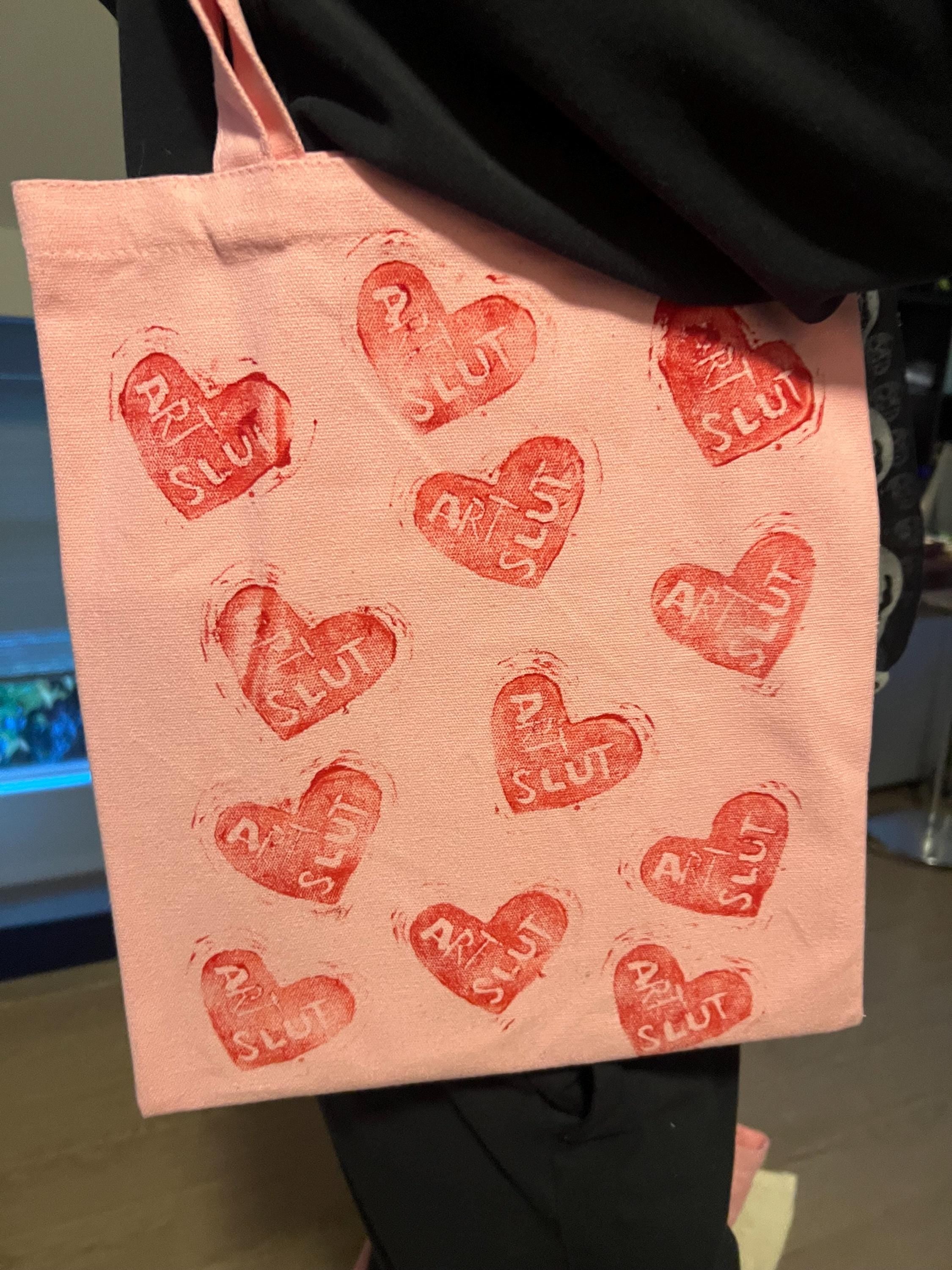 feminist art pink canvas tote bag statement totebag art slut red heart linoprint tote bag handmade gifts for her queer tote bags pride purse