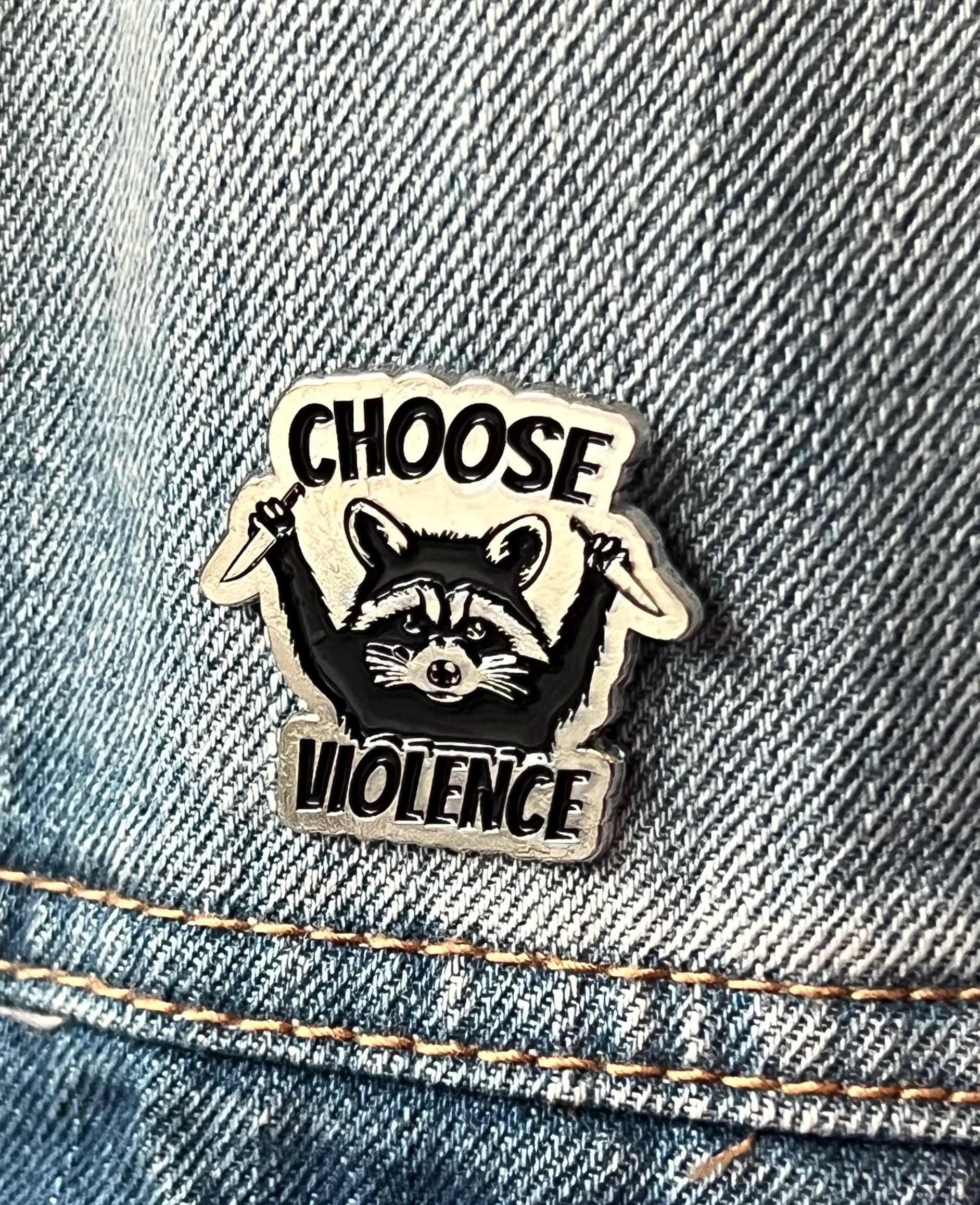 punk enamel pins and badges goth accessories grunge jewelry "choose violence" raccoon animal pinback button