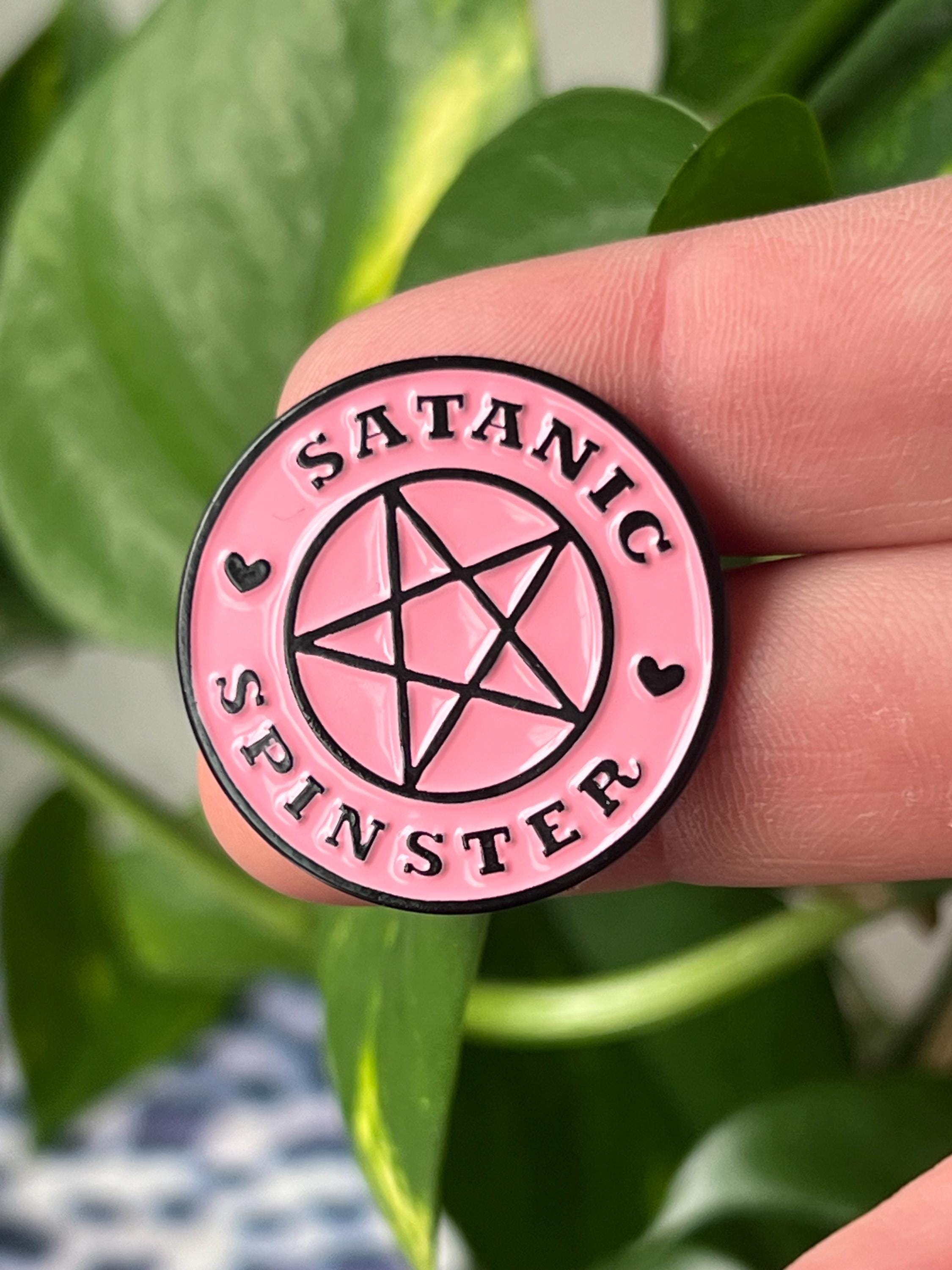 Satanic Spinster round pink pentagram enamel pin