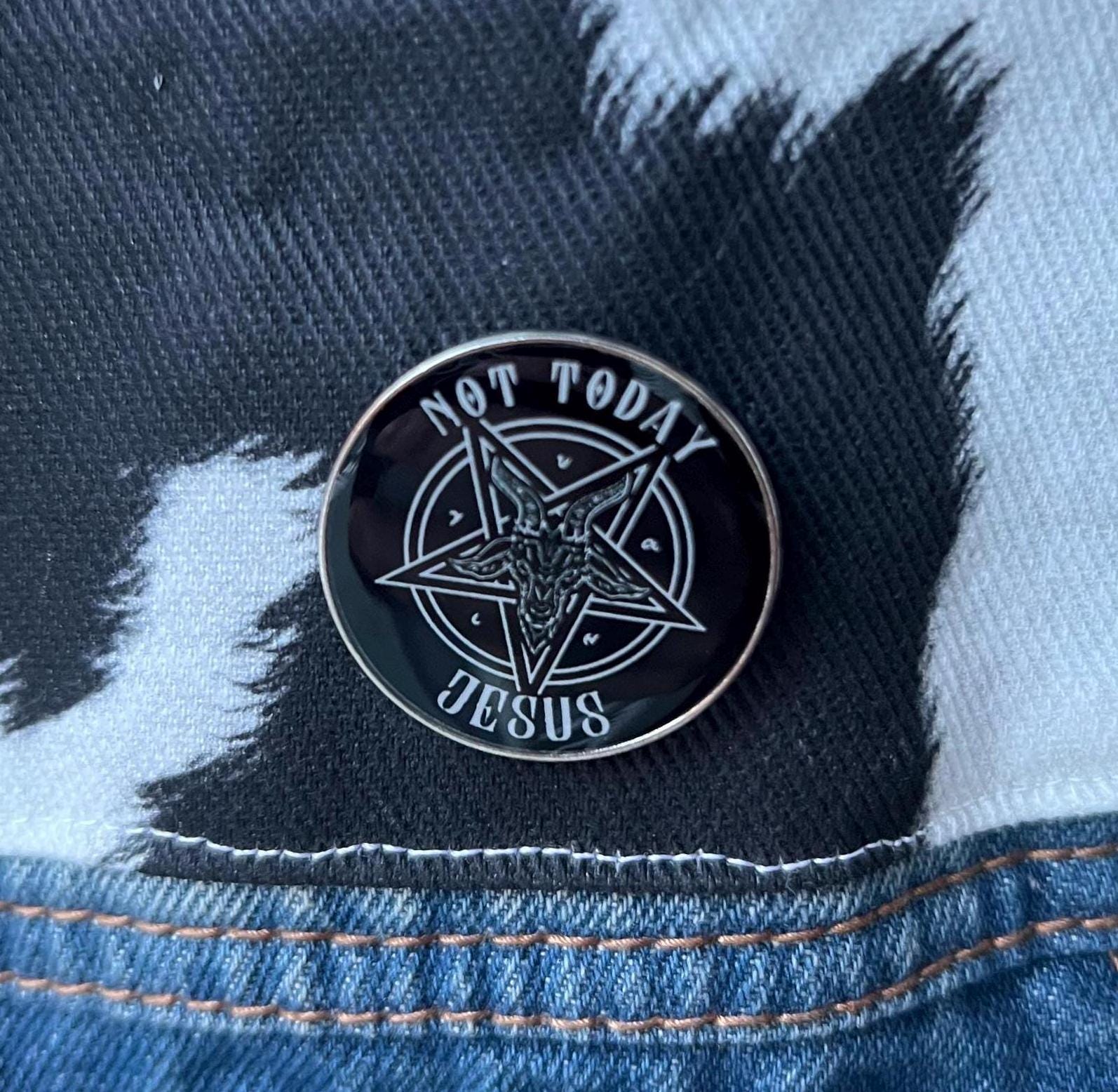 punk pins goth enamel pins and badges gothic accessories “not today Jesus” satanic pins pentagram Baphomet badges and buttons