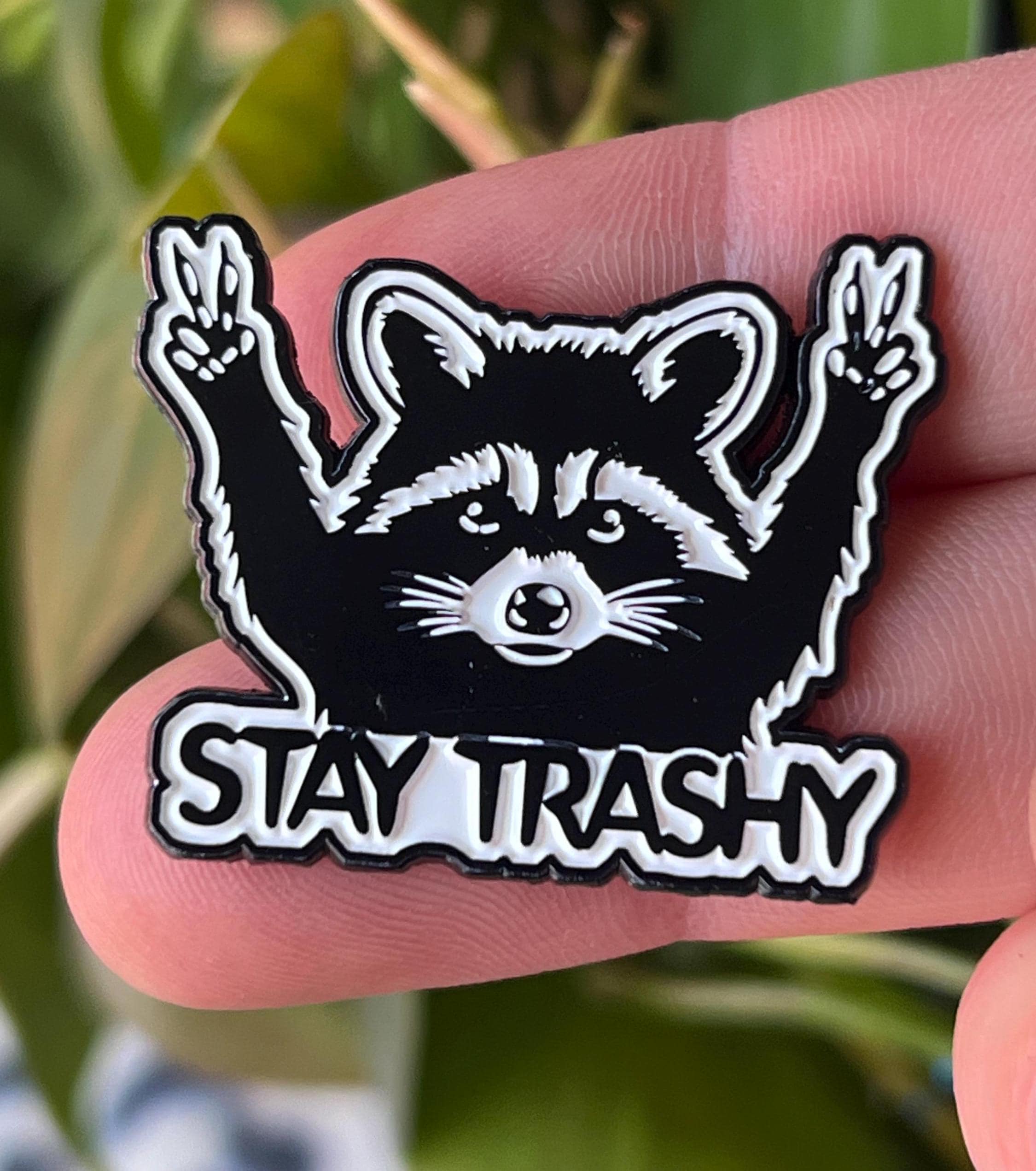 punk pins and badges goth pinback buttons raccoon pins stay trashy black and white lapel pin