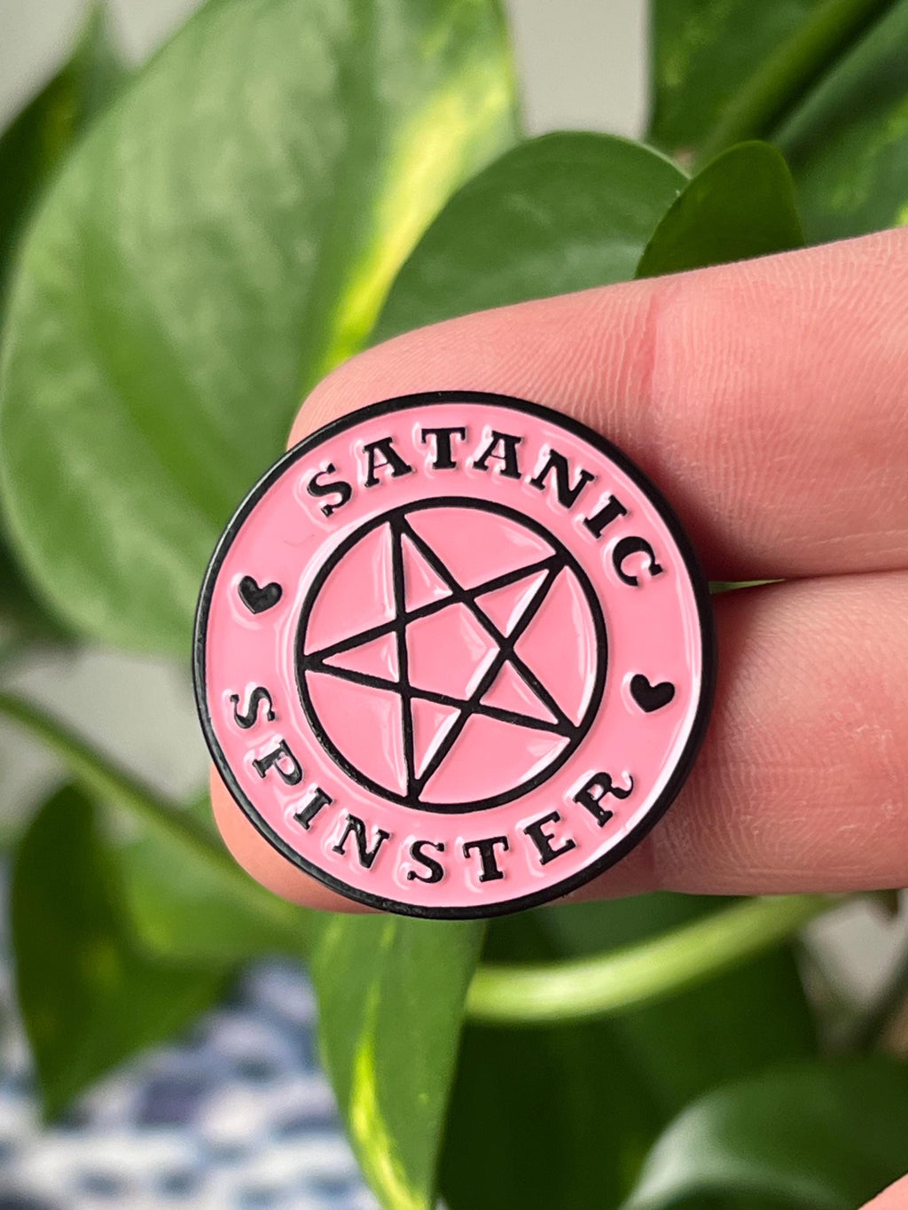 Satanic Spinster round pink pentagram enamel pin