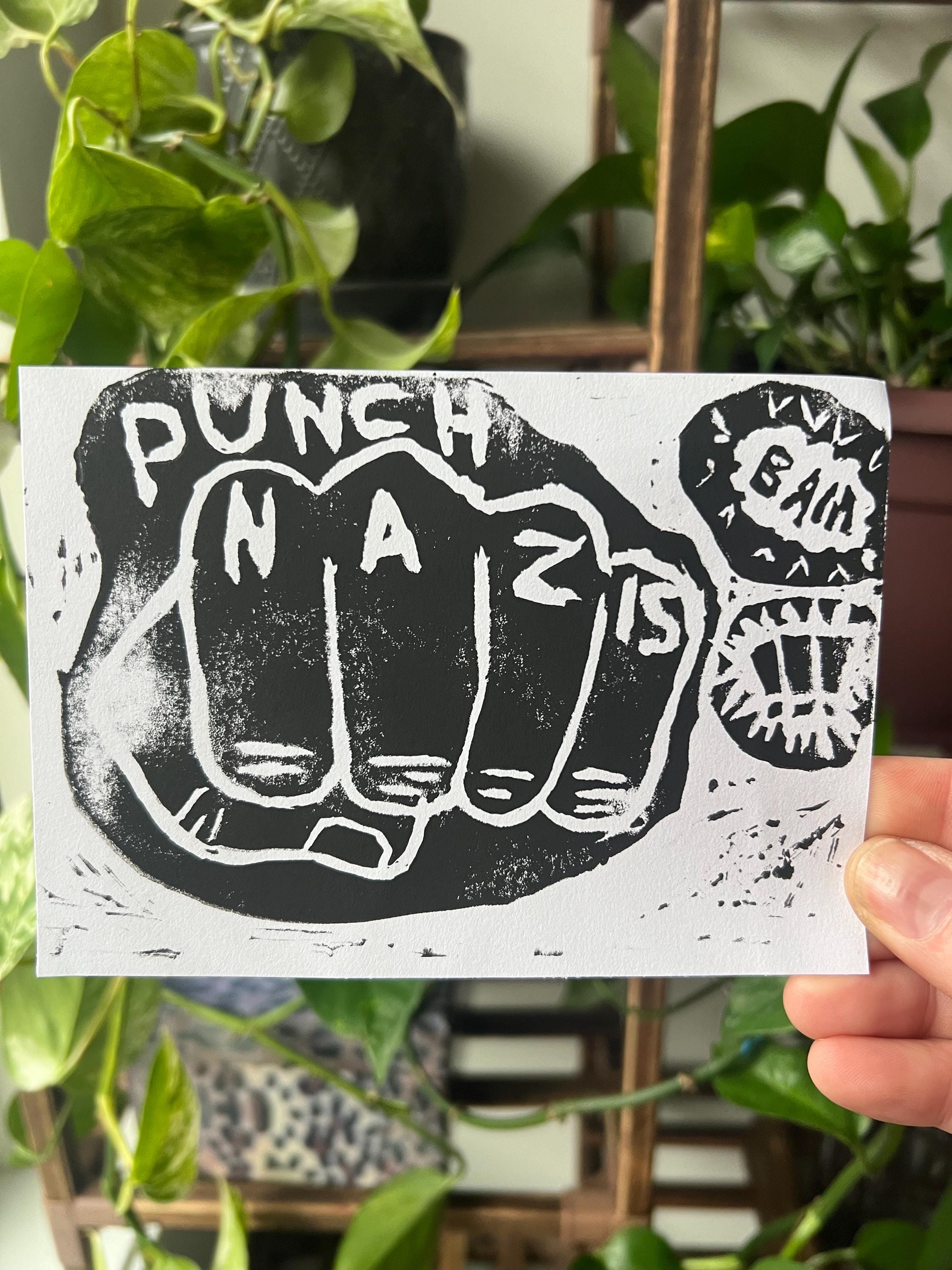 punch nazis linoprint handmade punk wall art goth art print punk home decor punk prints statement art feminist home decor