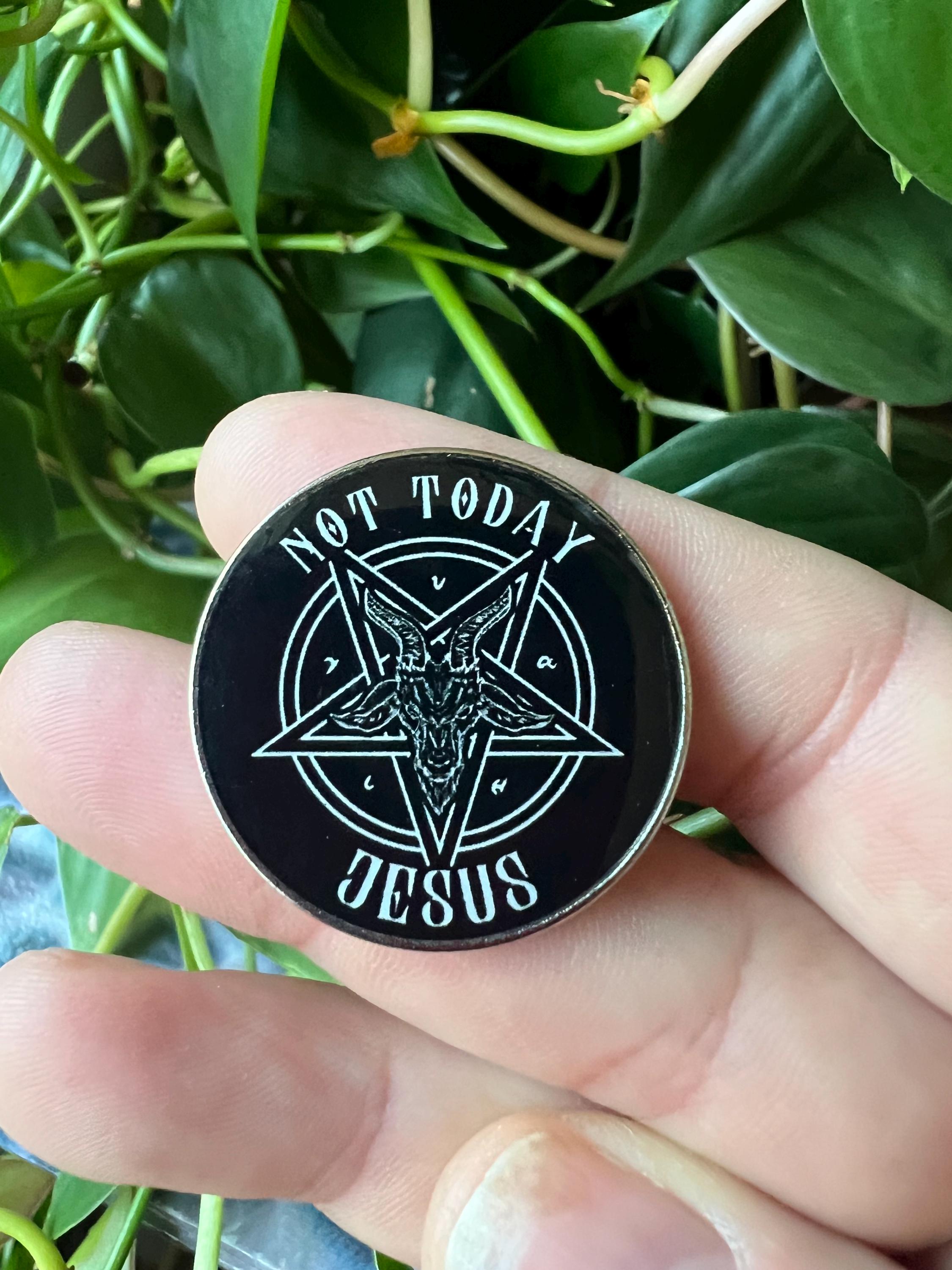 punk pins goth enamel pins and badges gothic accessories “not today Jesus” satanic pins pentagram Baphomet badges and buttons