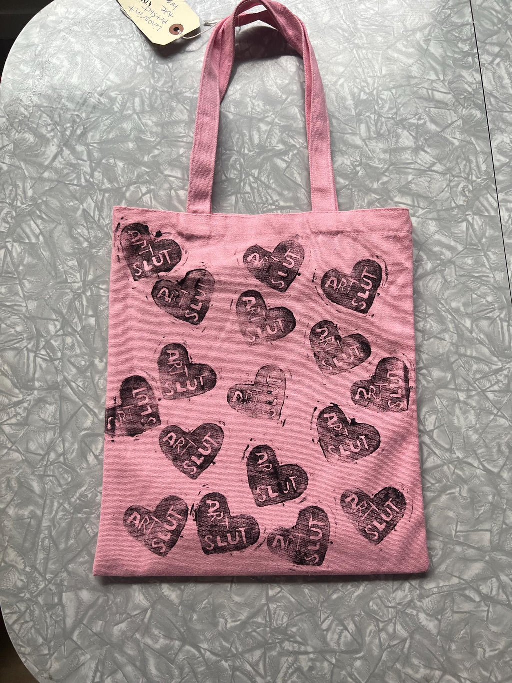 feminist art pink canvas tote bag statement totebag art slut red heart linoprint tote bag handmade gifts for her queer tote bags pride purse