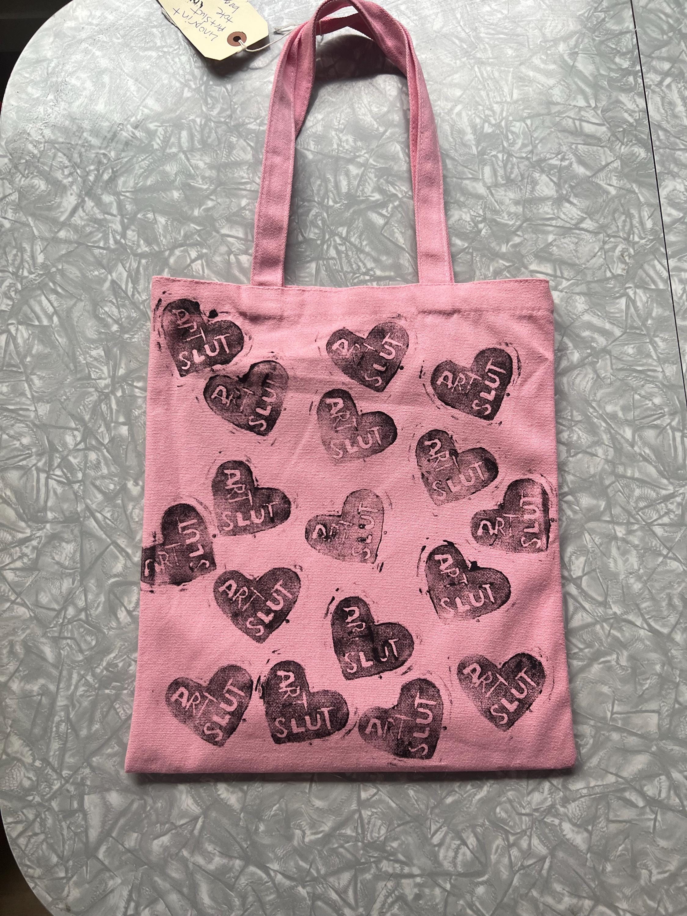 feminist art pink canvas tote bag statement totebag art slut red heart linoprint tote bag handmade gifts for her queer tote bags pride purse