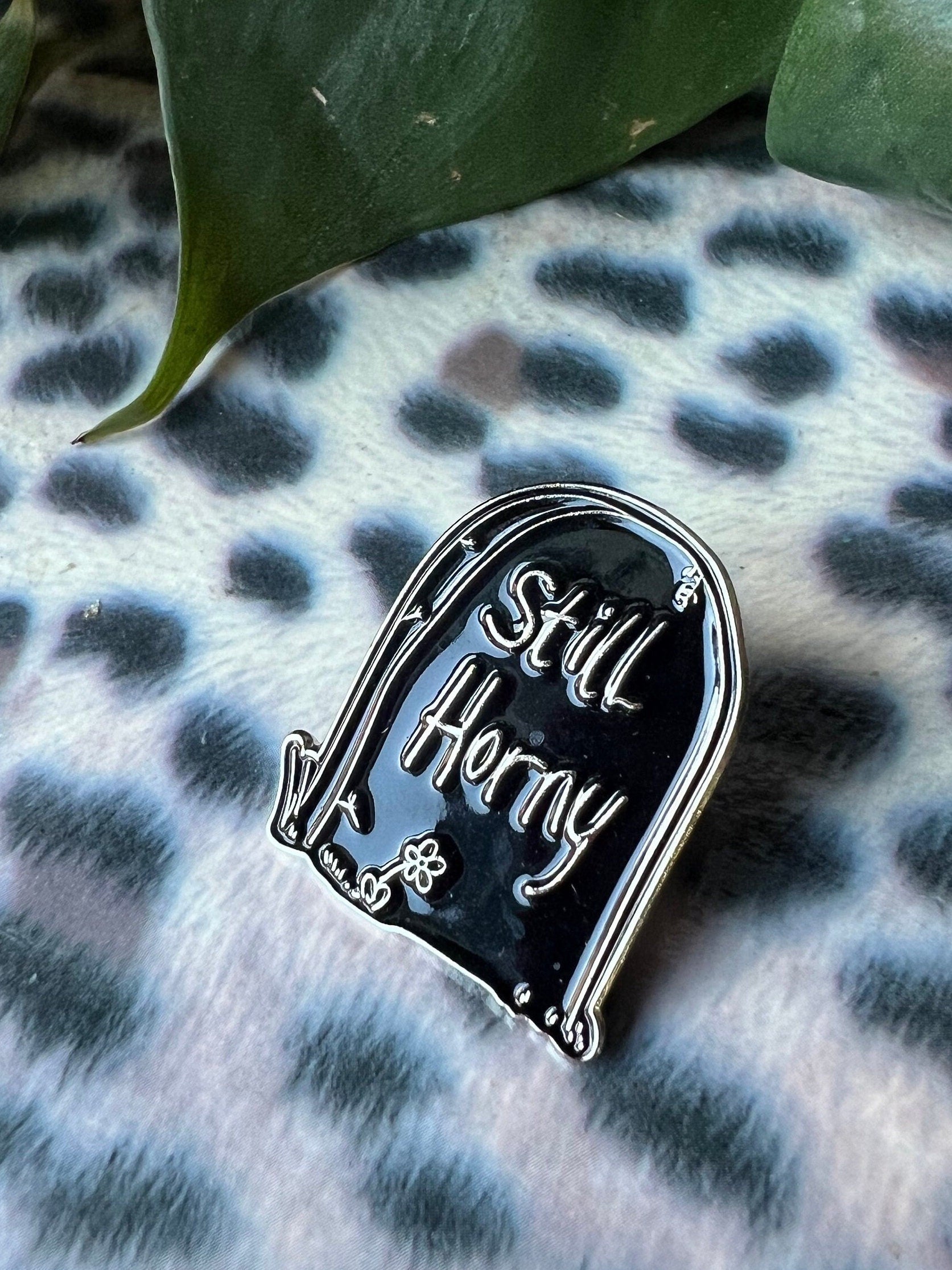 funny goth gravestone pin "Still Horny" edgy headstone enamel pins and badges black pins punk accessories