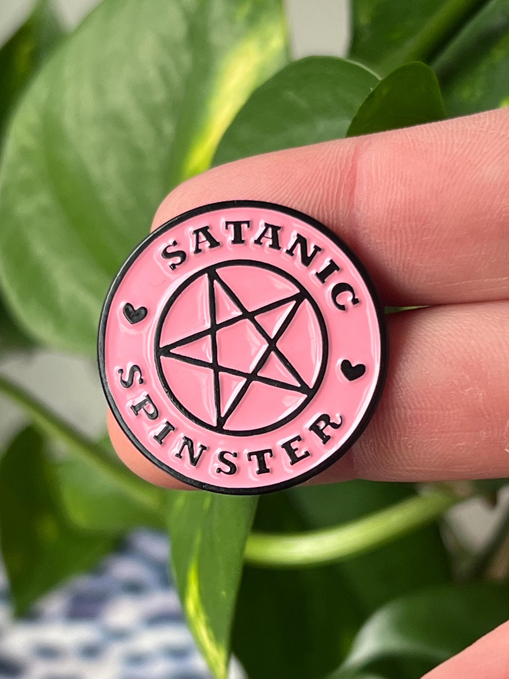 Satanic Spinster round pink pentagram enamel pin