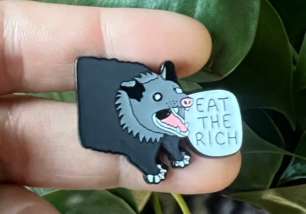 eat the rich screaming possum enamel pin