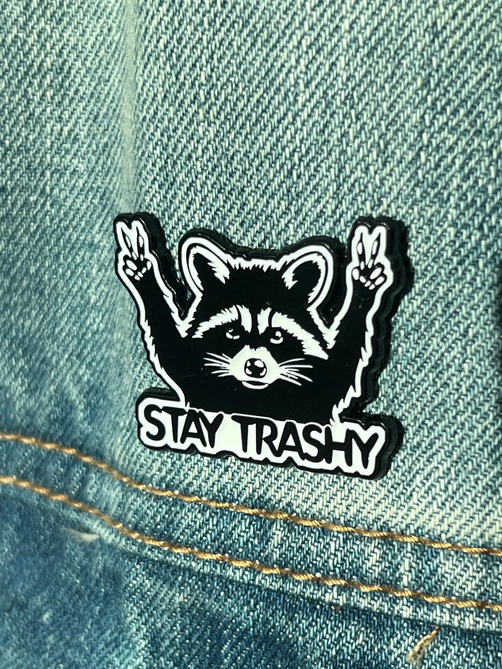 punk pins and badges goth pinback buttons raccoon pins stay trashy black and white lapel pin