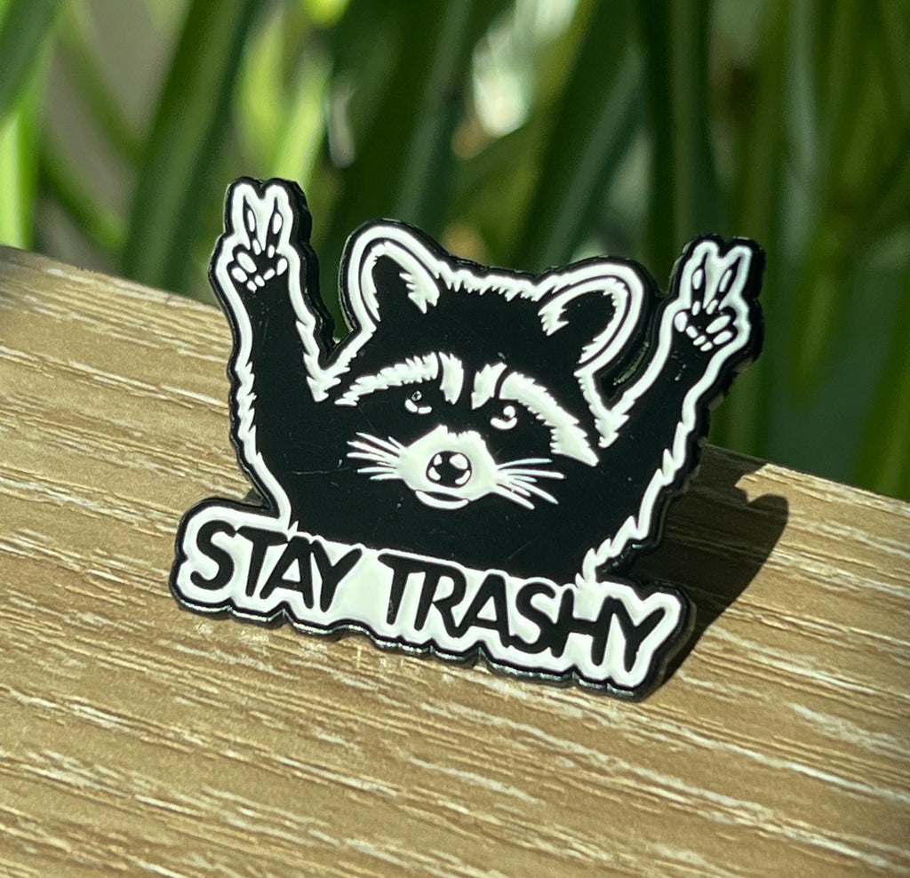 punk pins and badges goth pinback buttons raccoon pins stay trashy black and white lapel pin