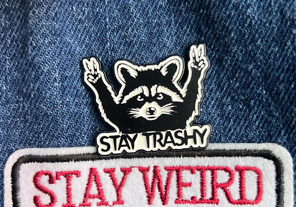 punk pins and badges goth pinback buttons raccoon pins stay trashy black and white lapel pin