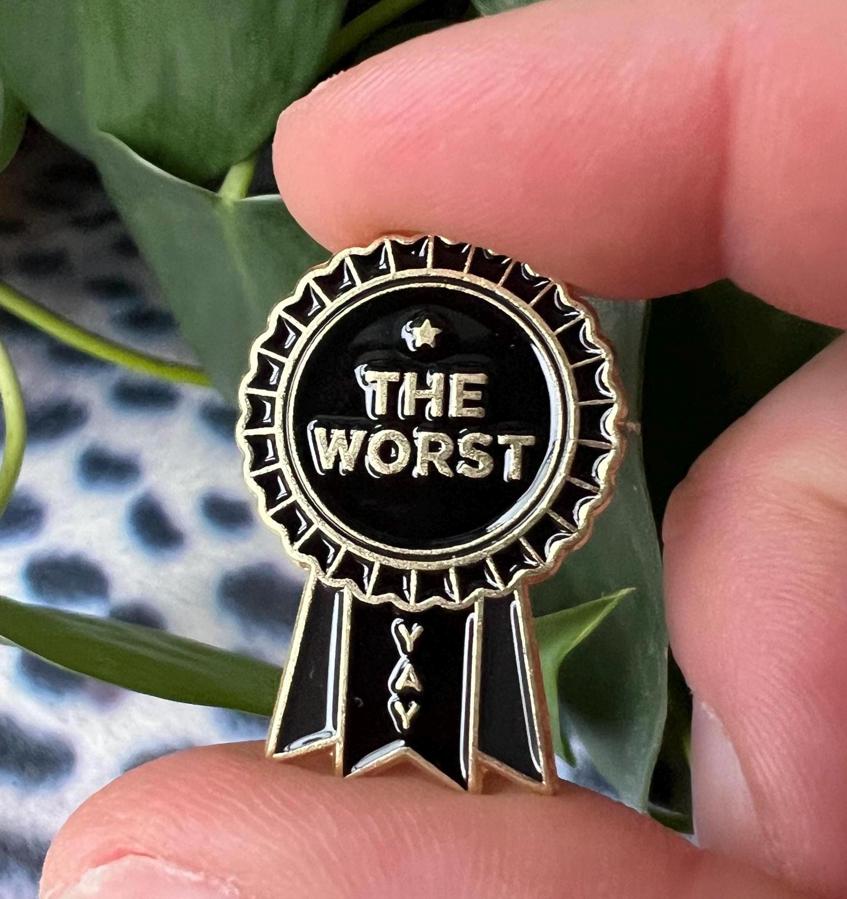 goth pins punk pins gothic enamel pins | dark humor award ribbon the worst goth lapel pin queer black and gold pin dark accessory funny pins