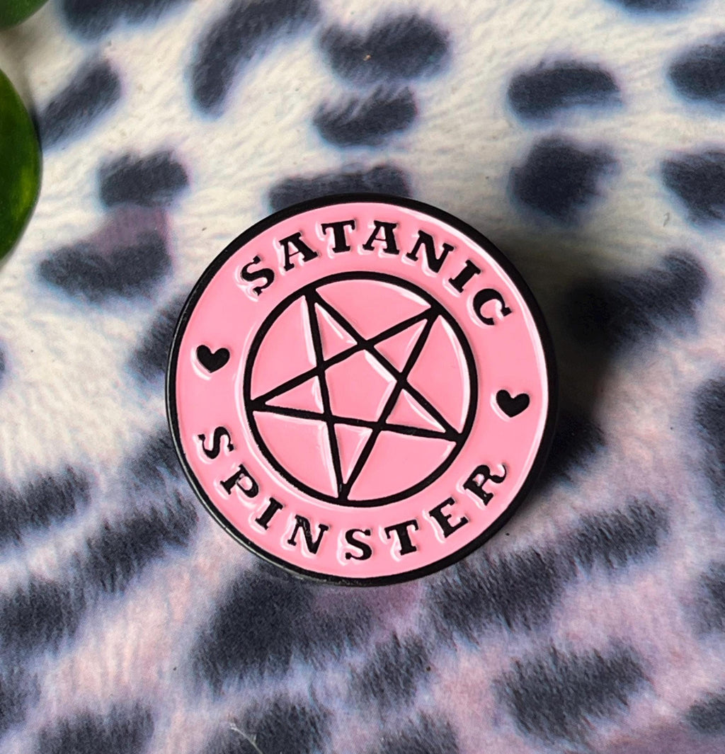 Satanic Spinster round pink pentagram enamel pin