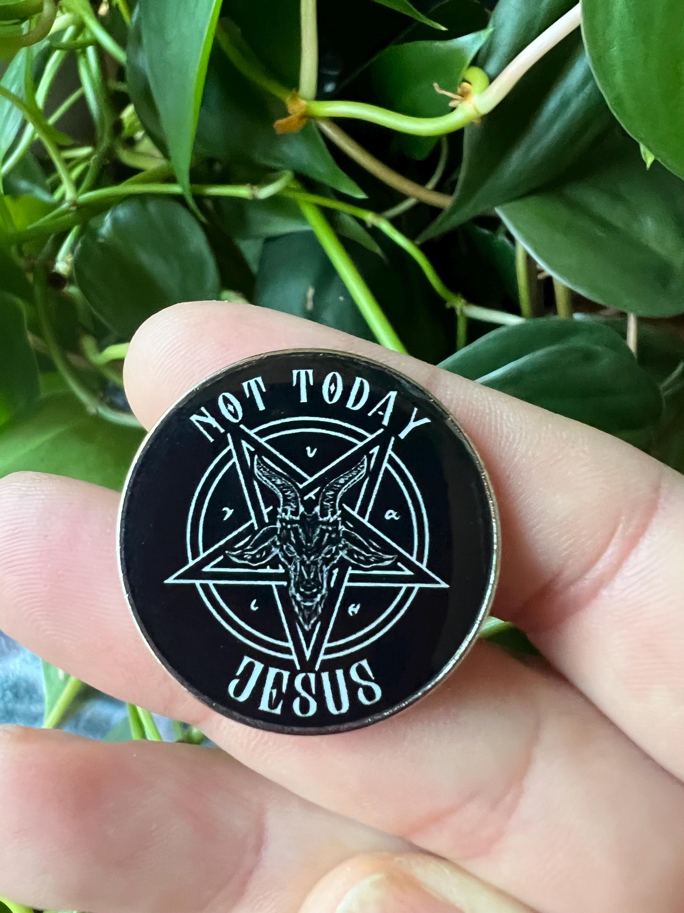 punk pins goth enamel pins and badges gothic accessories “not today Jesus” satanic pins pentagram Baphomet badges and buttons