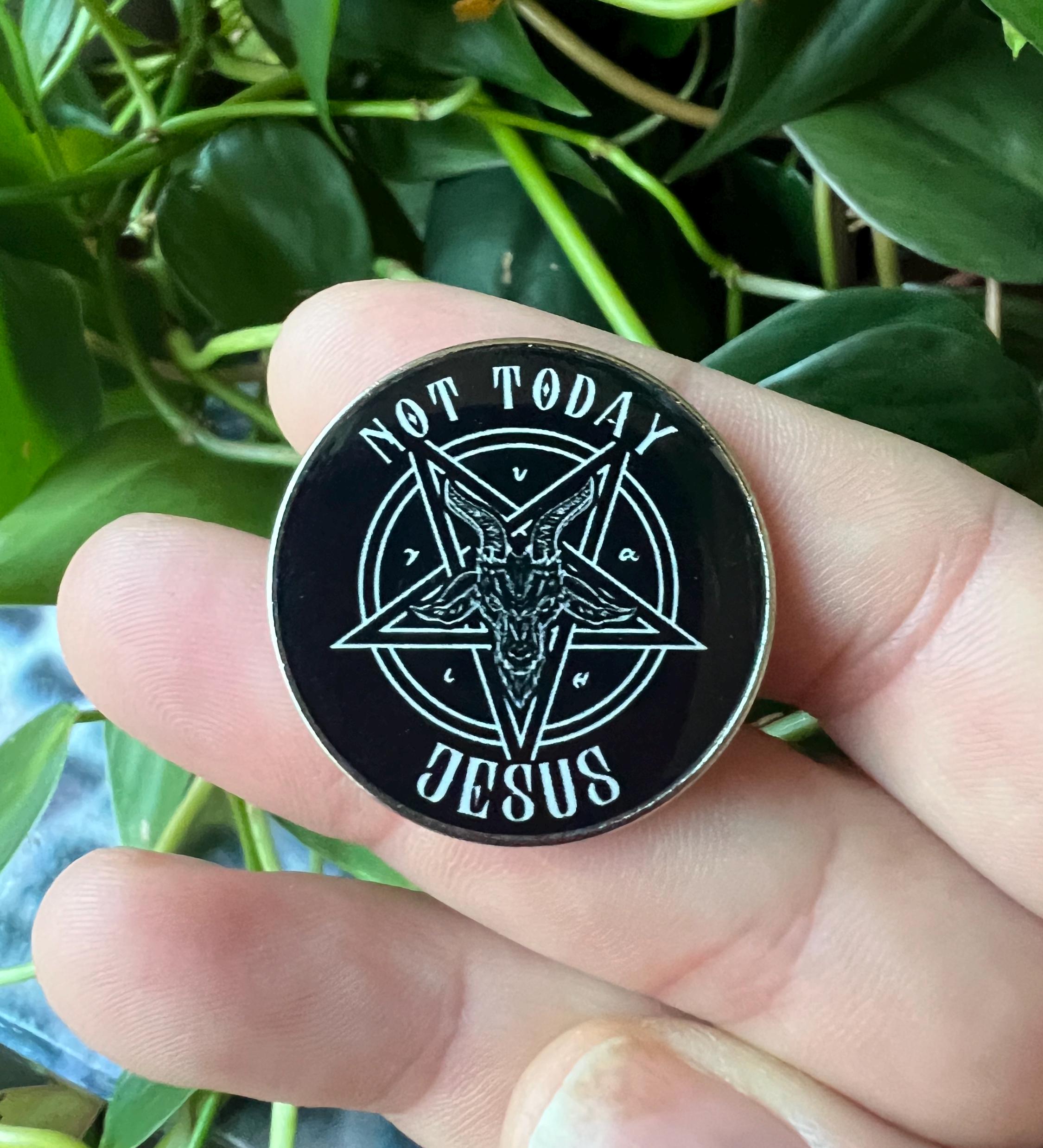 punk pins goth enamel pins and badges gothic accessories “not today Jesus” satanic pins pentagram Baphomet badges and buttons