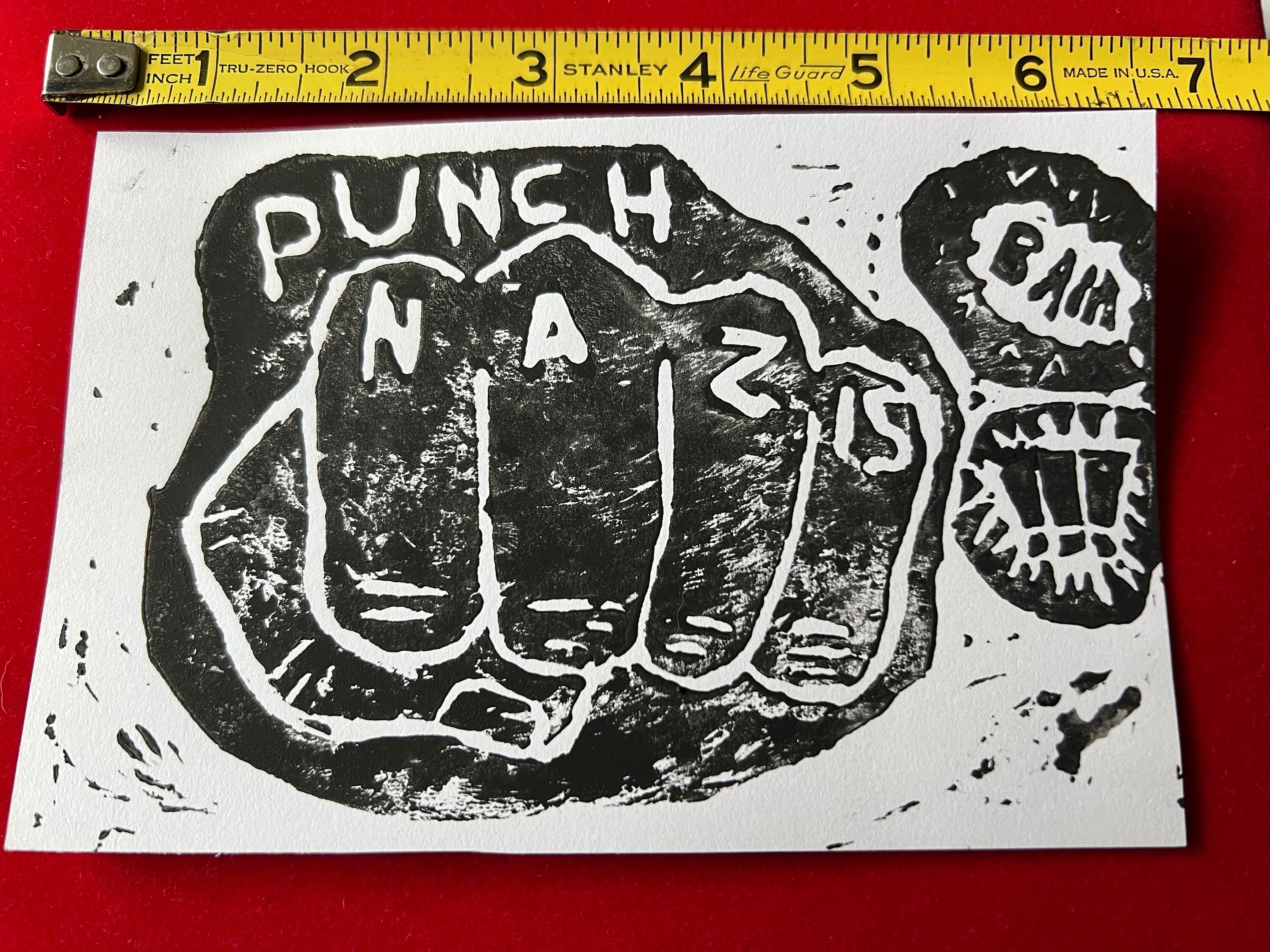 punch nazis linoprint handmade punk wall art goth art print punk home decor punk prints statement art feminist home decor