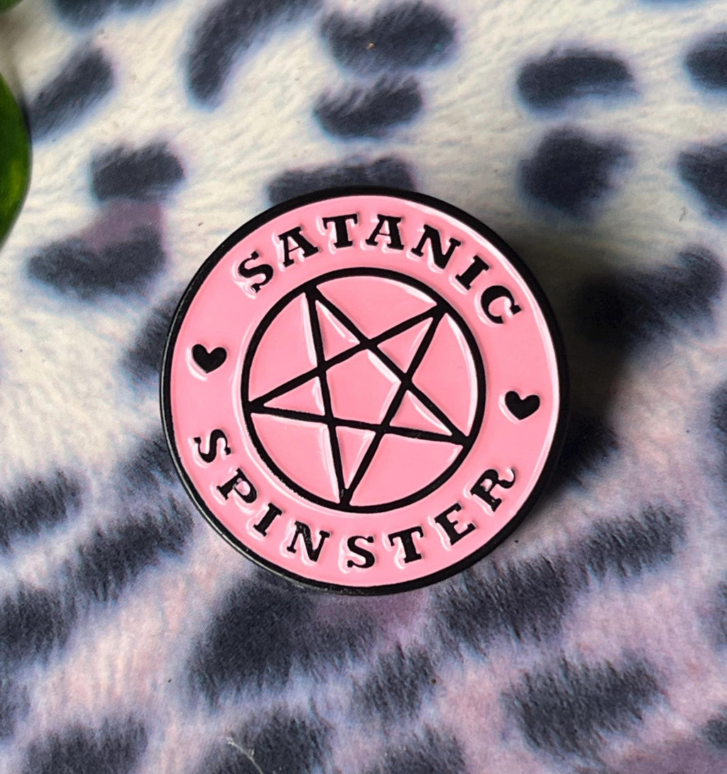 Satanic Spinster round pink pentagram enamel pin
