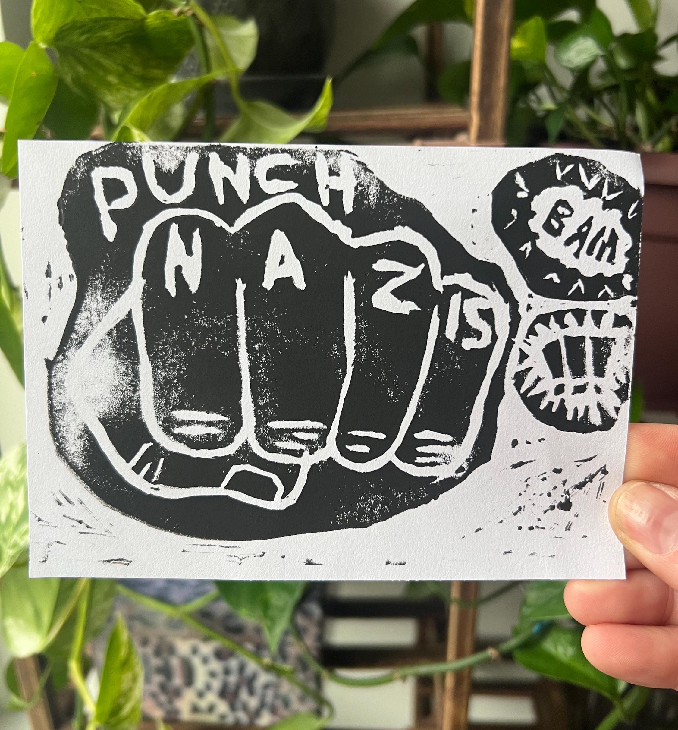 punch nazis linoprint handmade punk wall art goth art print punk home decor punk prints statement art feminist home decor