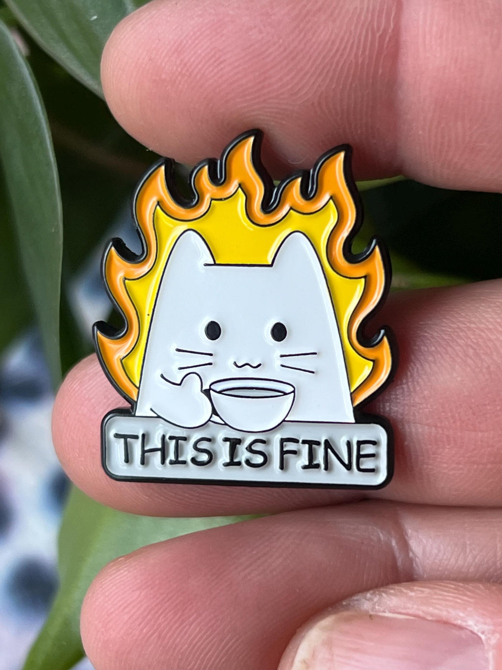 funny enamel pins and badges sarcastic pins THIS IS FINE cats and coffee pins dark humor cat accessories dumpster fire pin