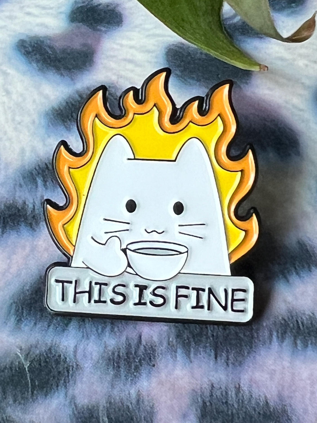 funny enamel pins and badges sarcastic pins THIS IS FINE cats and coffee pins dark humor cat accessories dumpster fire pin