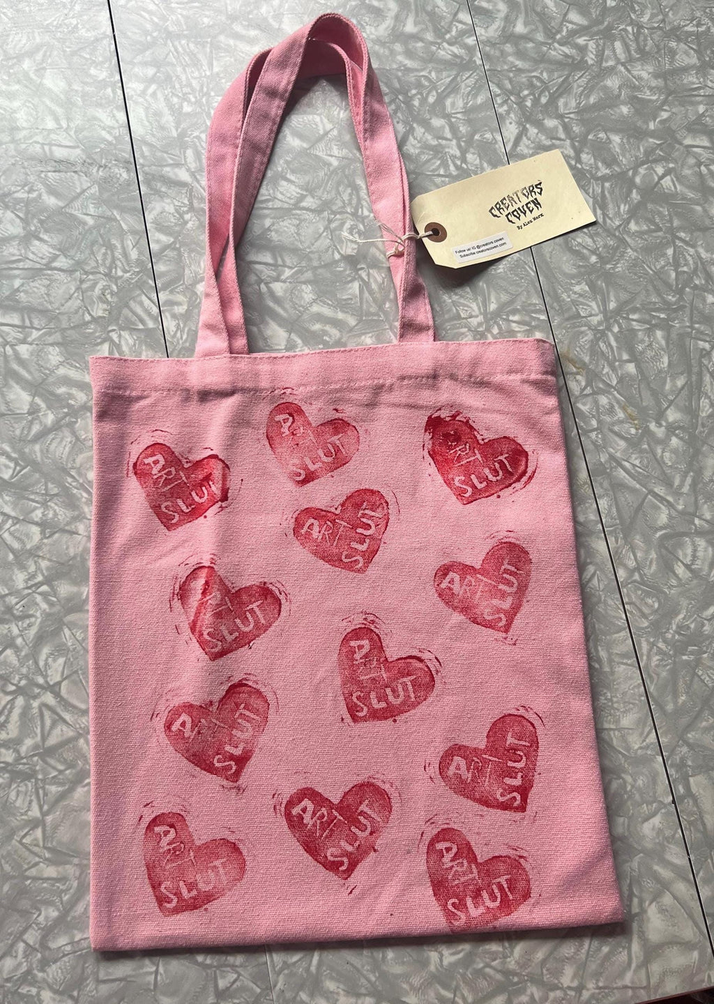 feminist art pink canvas tote bag statement totebag art slut red heart linoprint tote bag handmade gifts for her queer tote bags pride purse