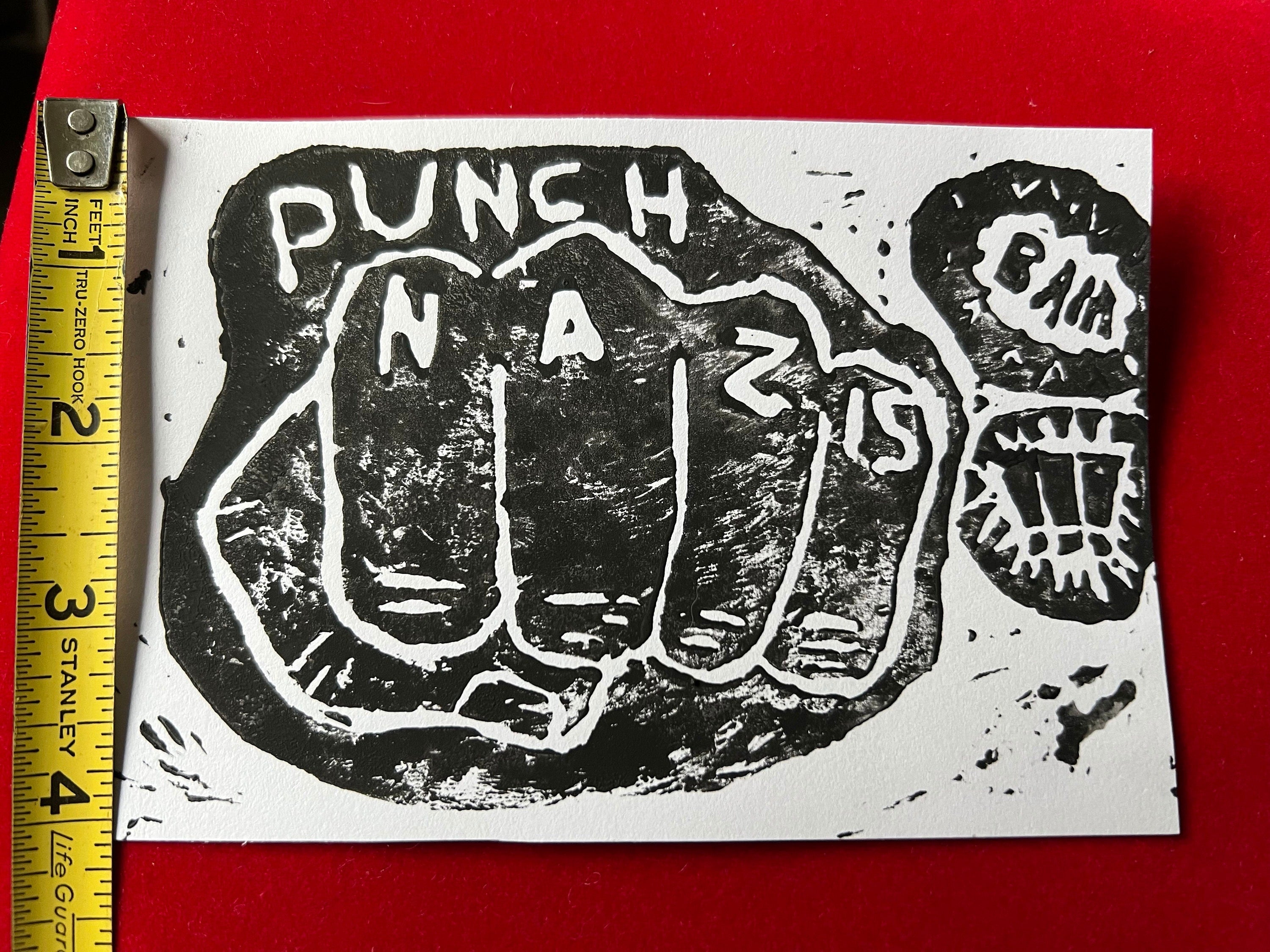 punch nazis linoprint handmade punk wall art goth art print punk home decor punk prints statement art feminist home decor