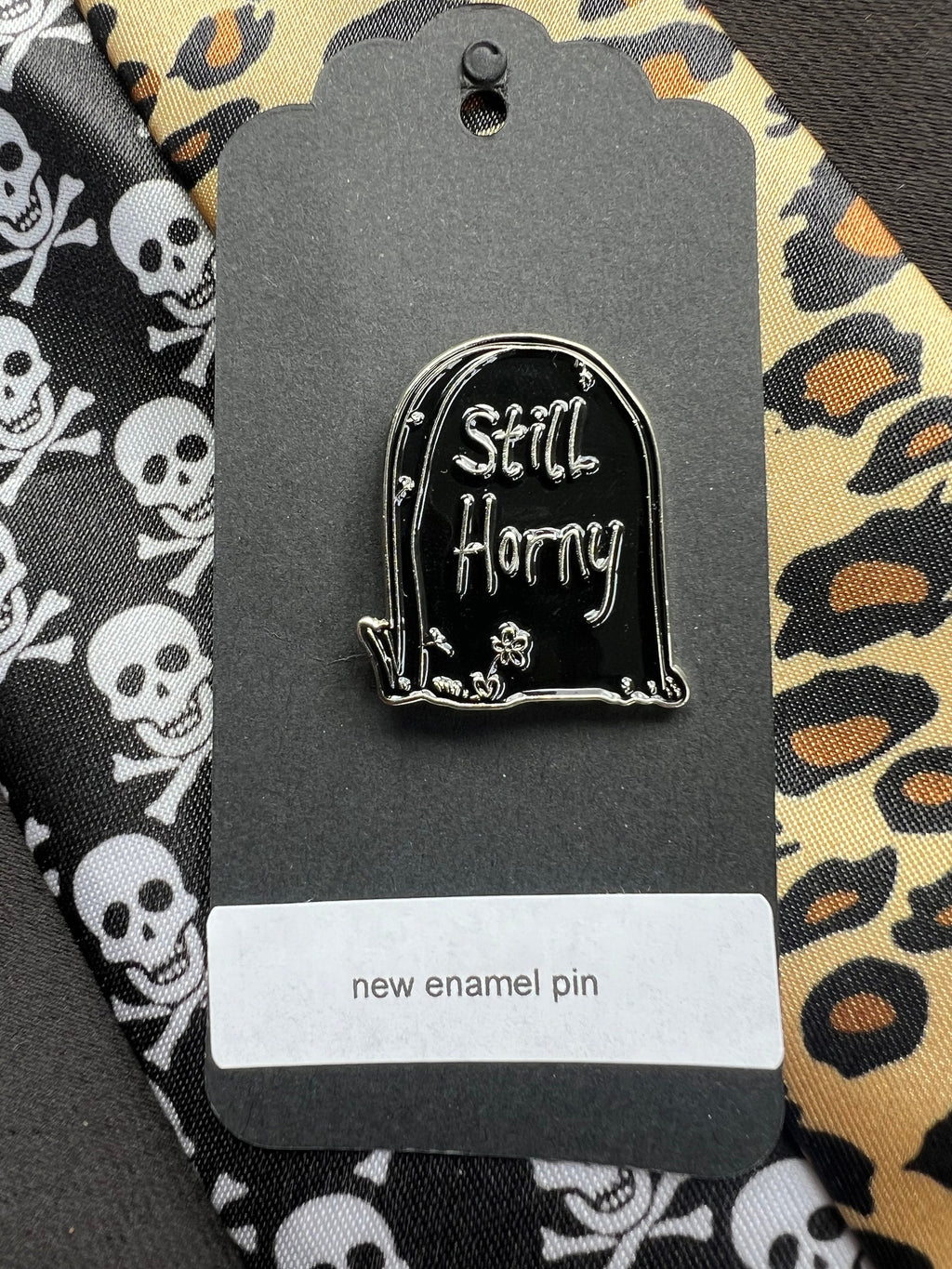 funny goth gravestone pin "Still Horny" edgy headstone enamel pins and badges black pins punk accessories