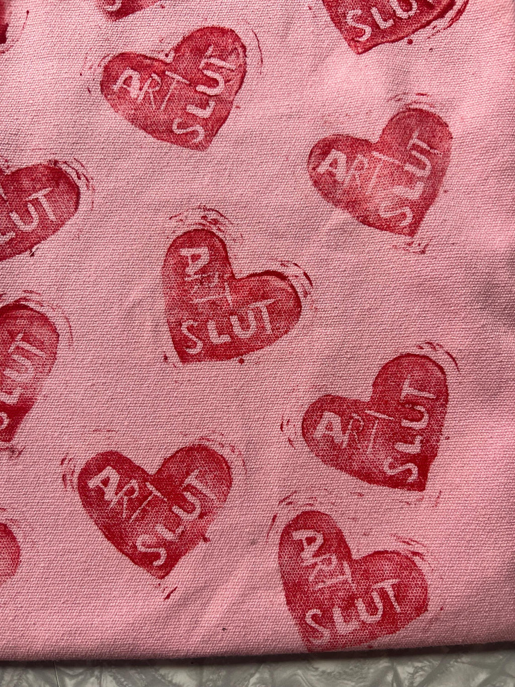 feminist art pink canvas tote bag statement totebag art slut red heart linoprint tote bag handmade gifts for her queer tote bags pride purse
